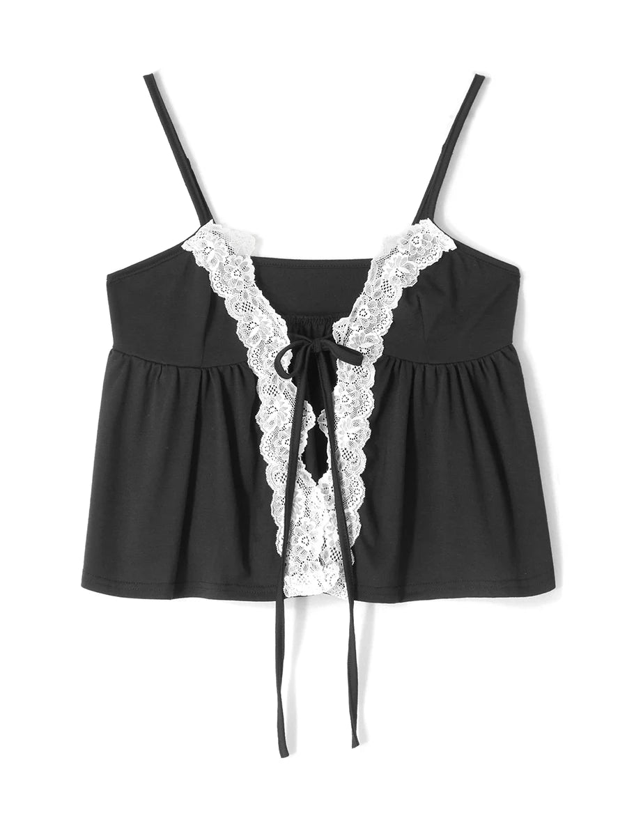Women s Crop Cami Tops Sleeveless Tie-Up Front Lace Patchwork Loose Fit Camisole