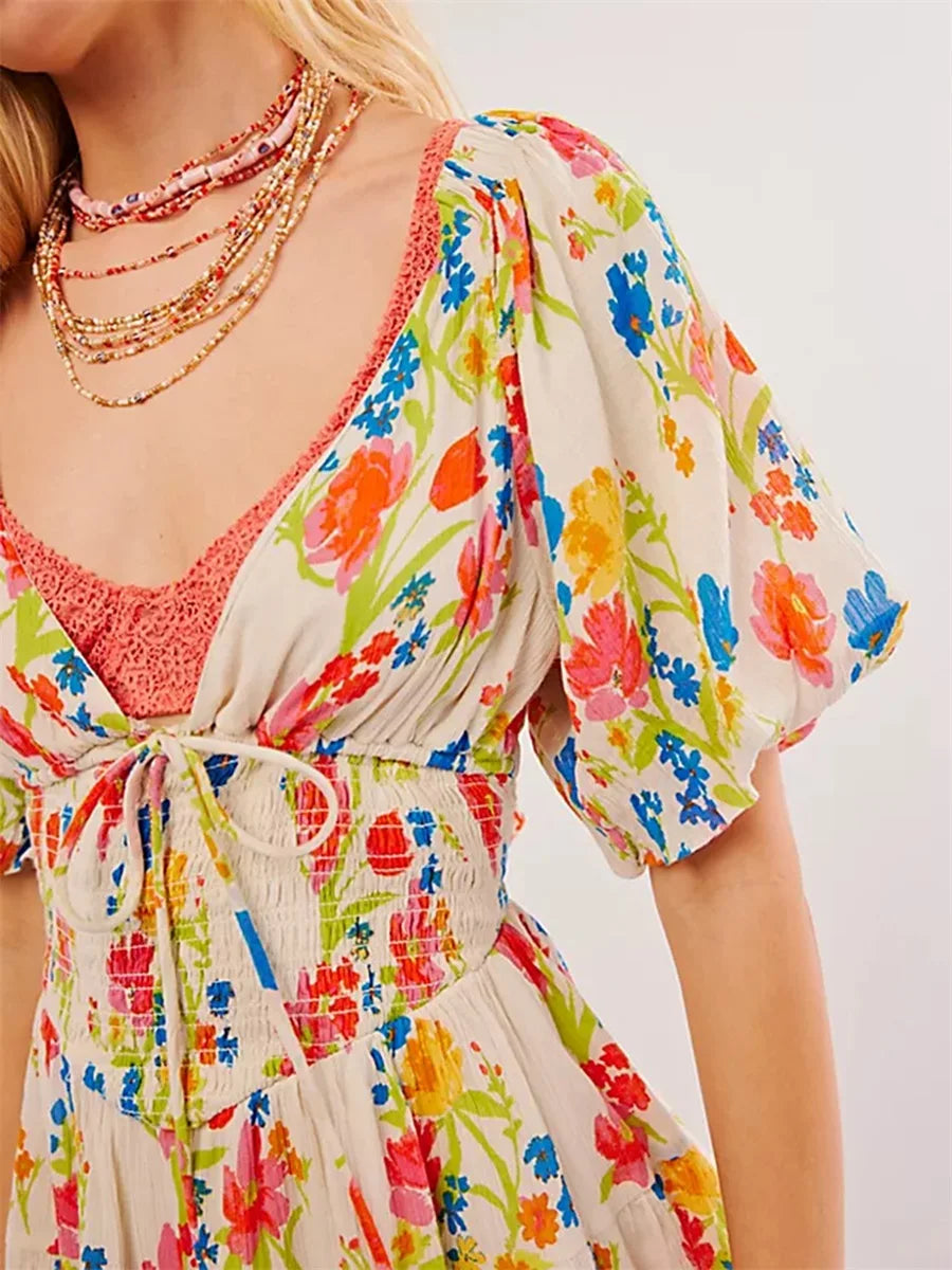 Women Mini Dress Floral Print Tie-Up Front Short Sleeve Dress Summer Casual A-line Dress