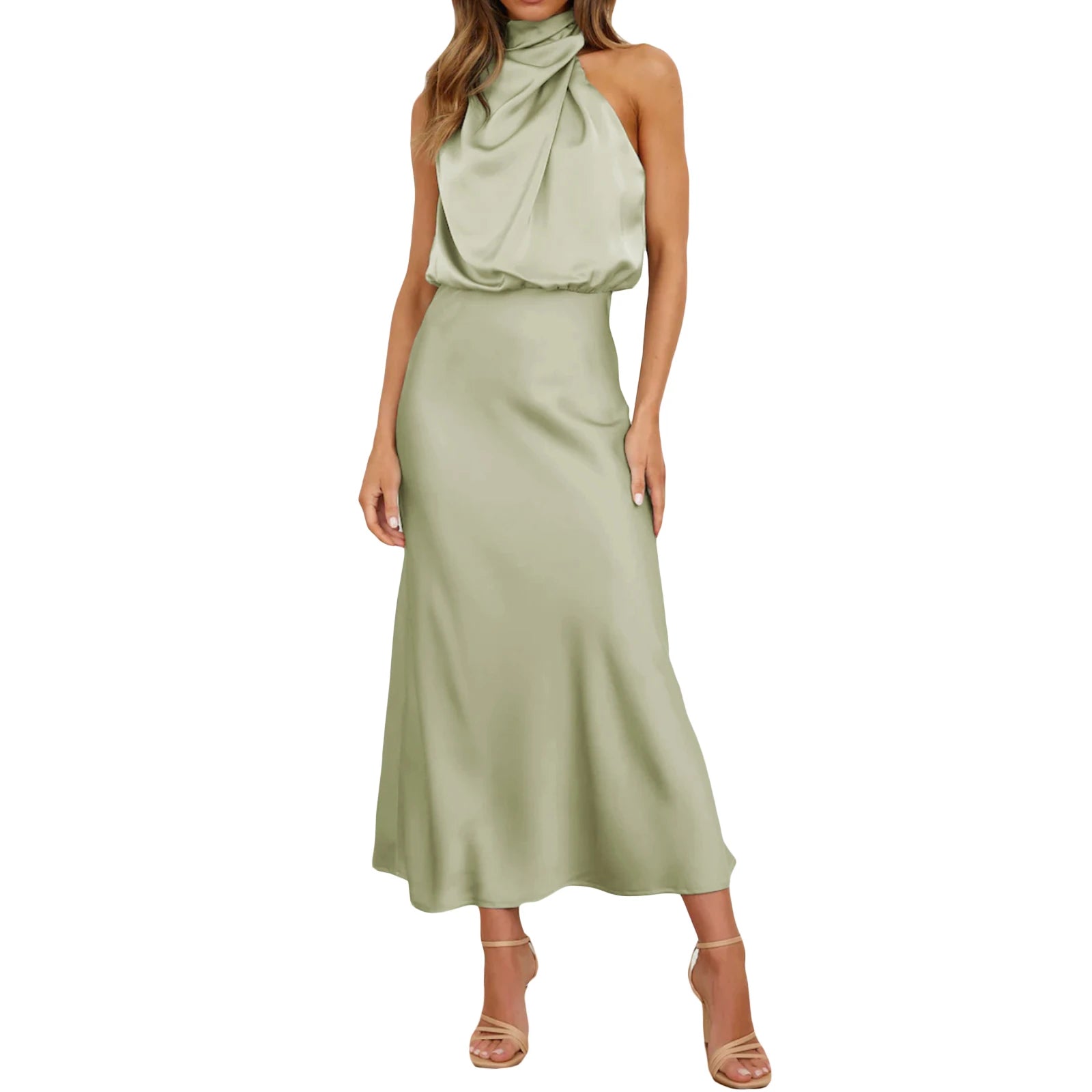 Women Long Satin Dress Elegant Sleeveless Turtleneck Solid Summer Dress for Cocktail Party