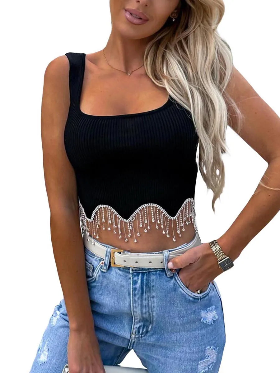 Women Camisole Sleeveless Square Neck Tasseled Rhinestones  Fit Summer Tops for Party Club