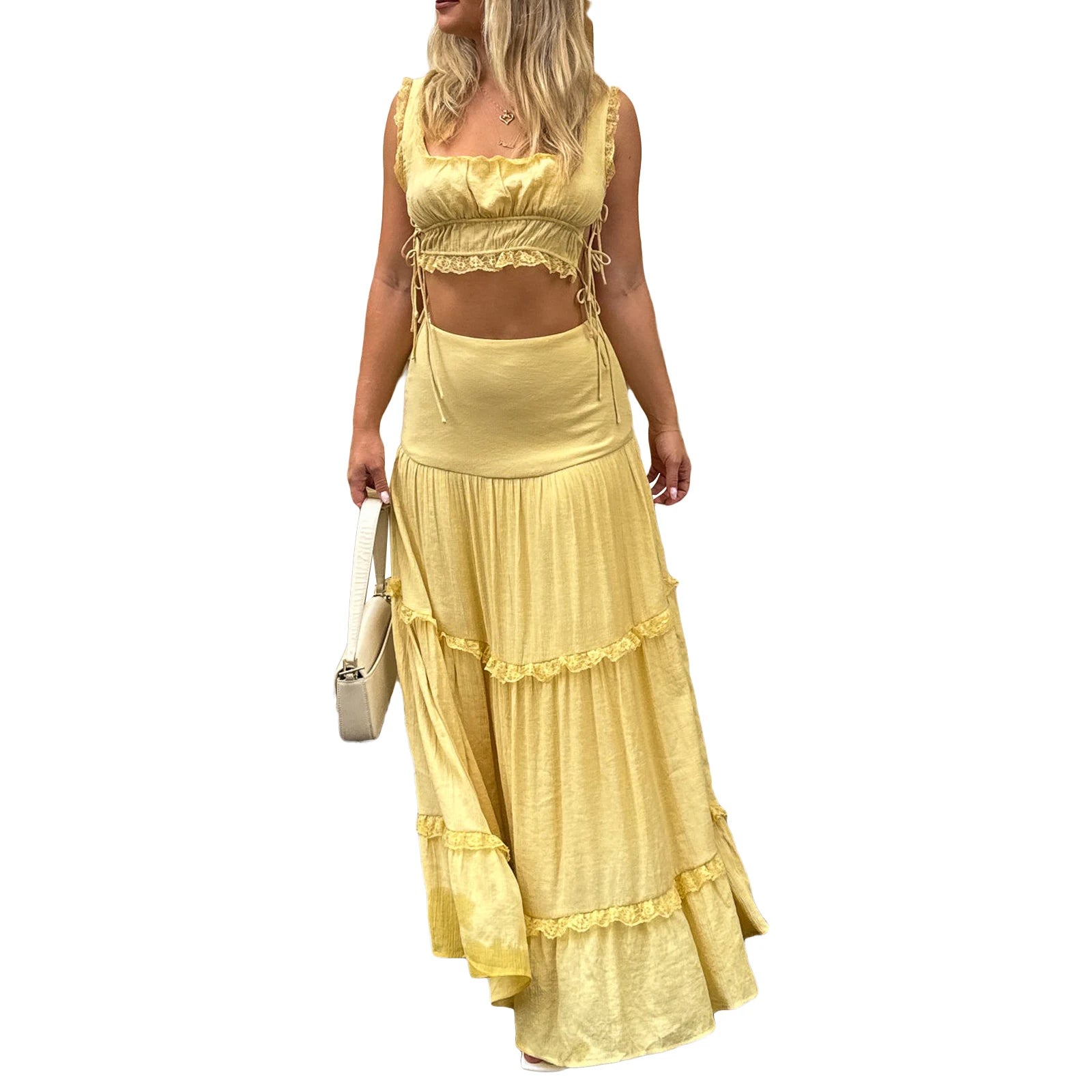 Women s Summer 2Pcs Outfits Lace Trim Sleeveless U-Neck Tank Tops with Long Skirt Set Party Clothes