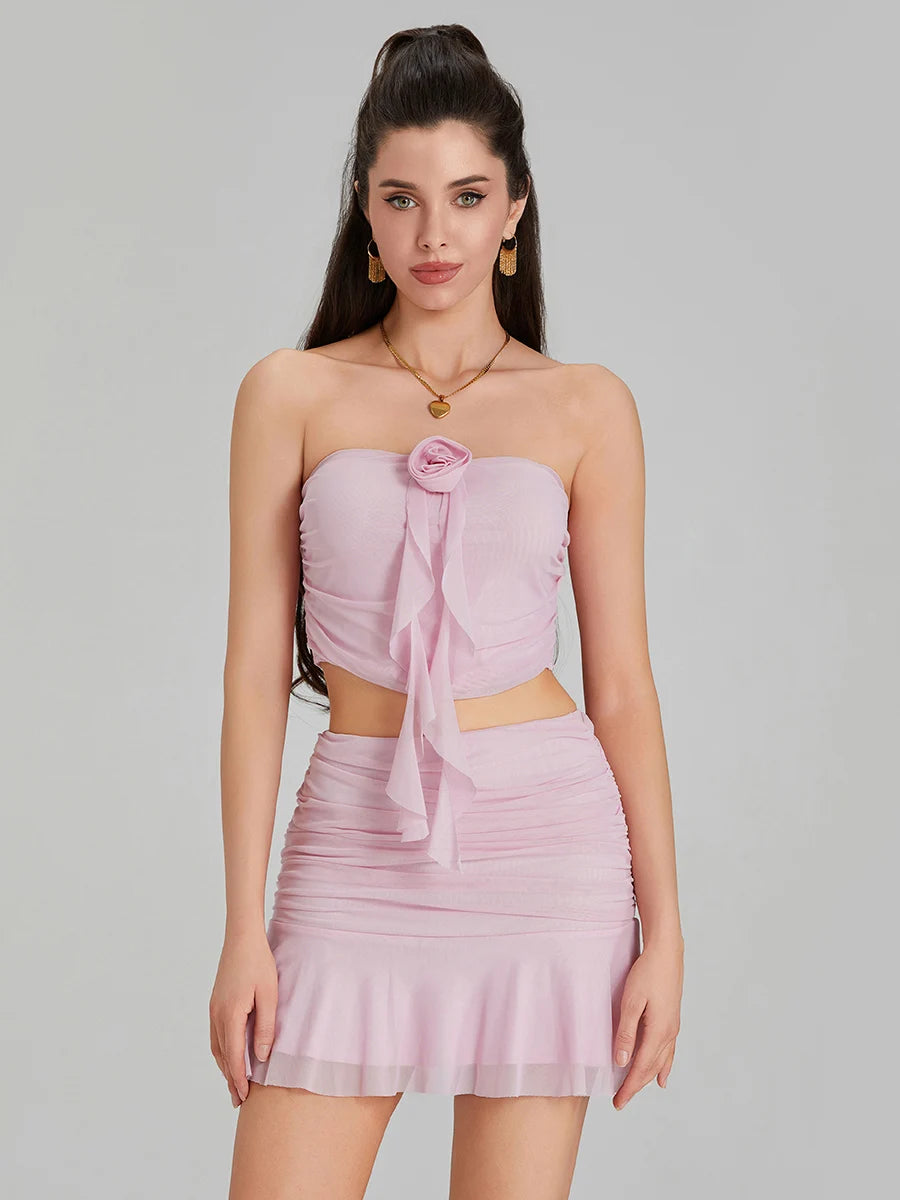 Women s 2 Piece Skirt Outfits Sleeveless Off Shoulder Mesh Bandeau Pink Mini Skirt Set