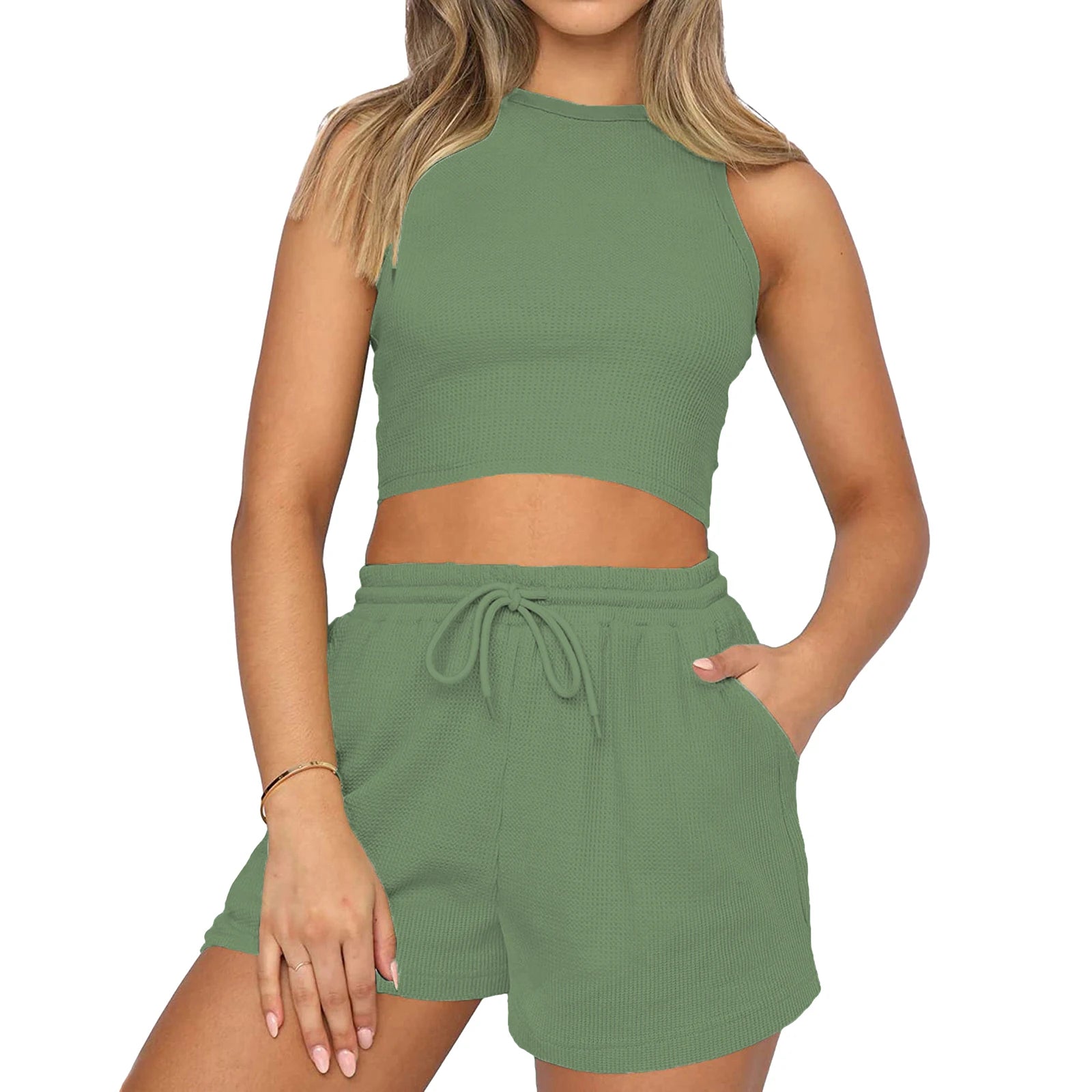Women’s Two Piece Summer Outfits Sleeveless Waffle Tank Tops and Shorts Set Loungewear