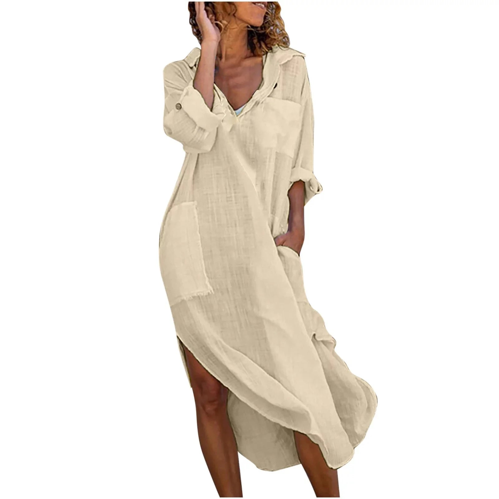 Women s Bathing Suit Cover-Up Solid Color Long Sleeve Lapel Side Slit Mid-Length Shirt Dress Beachwear