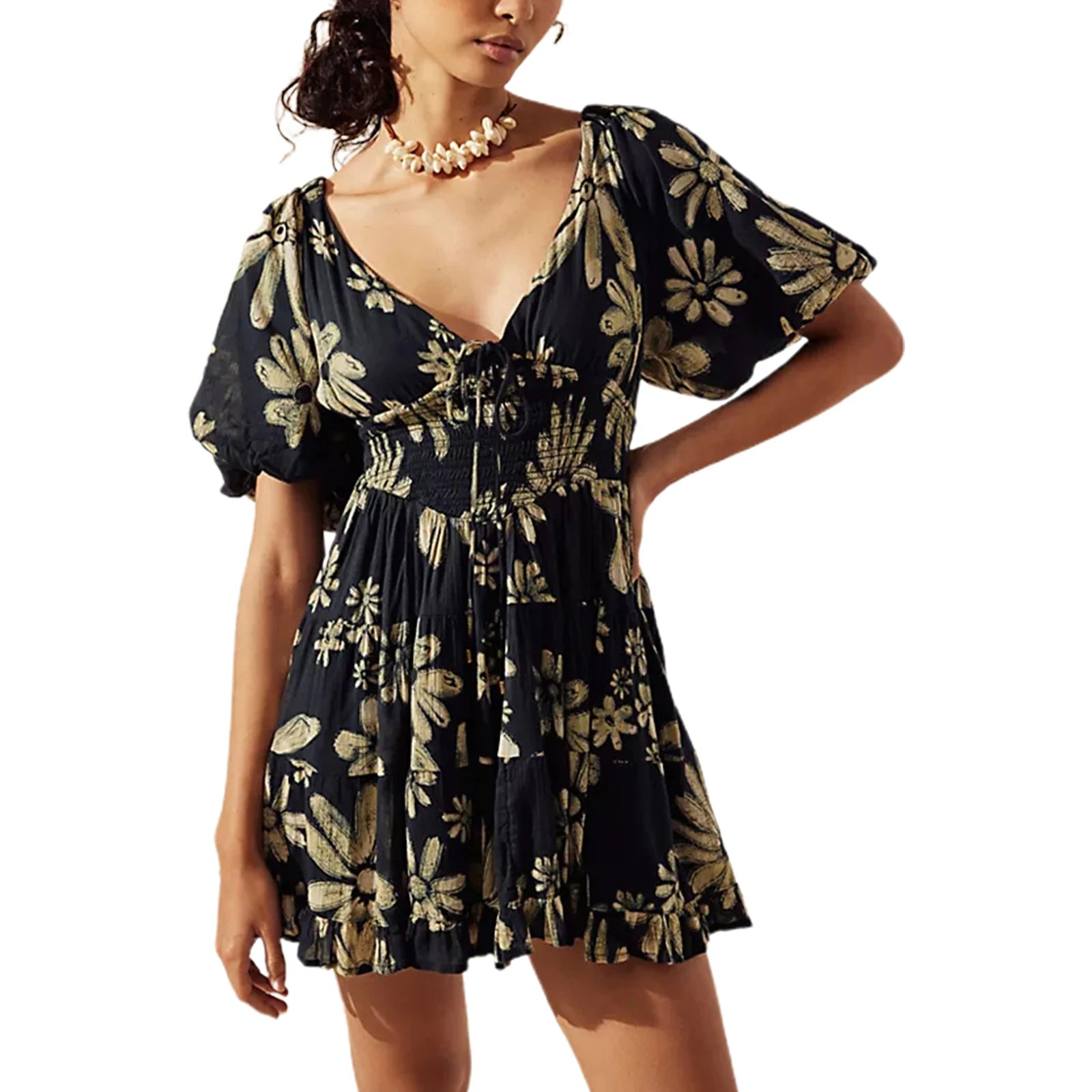 Women Mini Dress Floral Print Tie-Up Front Short Sleeve Dress Summer Casual A-line Dress