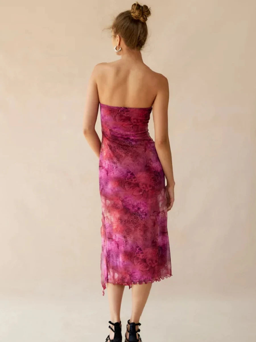 Women Floral Mesh Dress Summer Backless Strapless Split Party Dress for Cocktail Beach Streetwear Aesthetic Clothes
