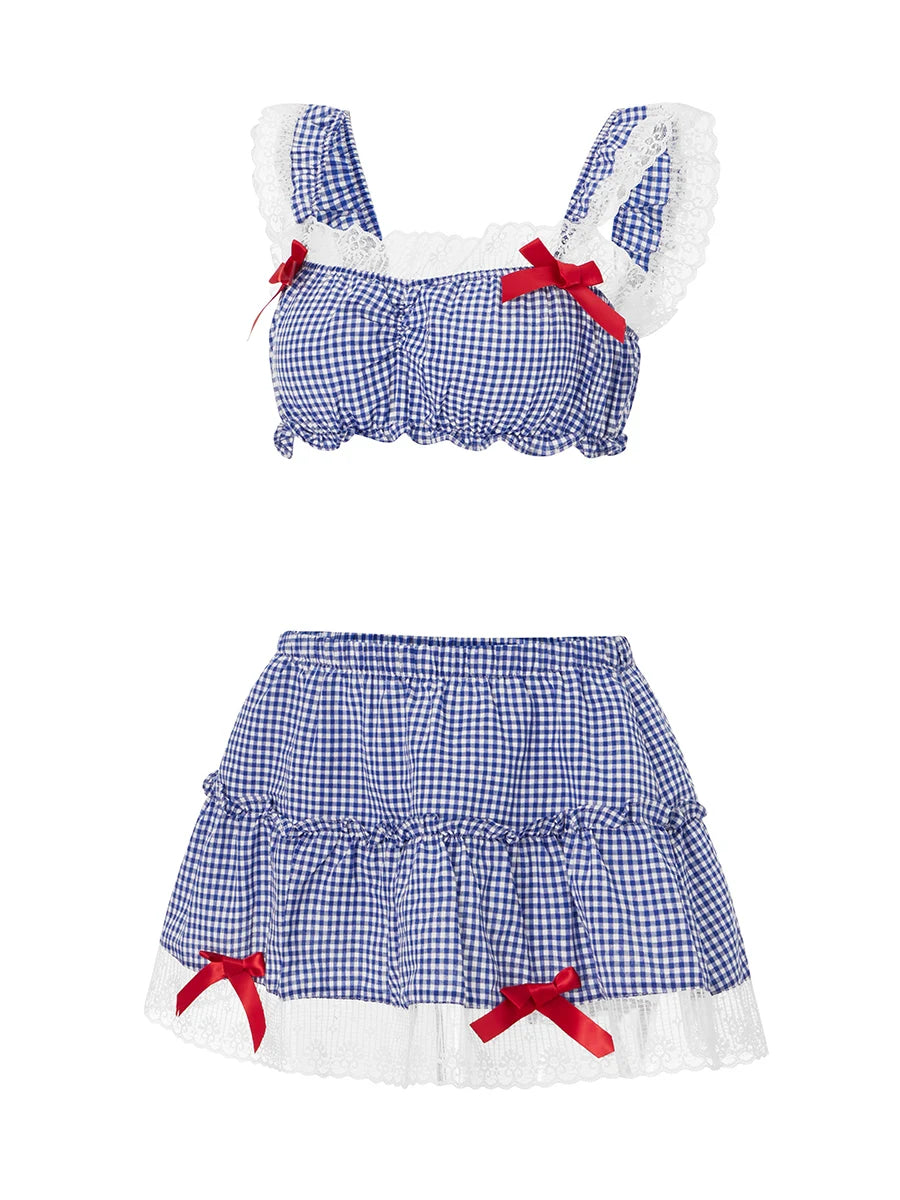 Women s Halloween Costume Sexy Lace Trim Plaid Crop Top and Mini Skirt Set for Cosplay Role-Playing Party Dress Up Outfits