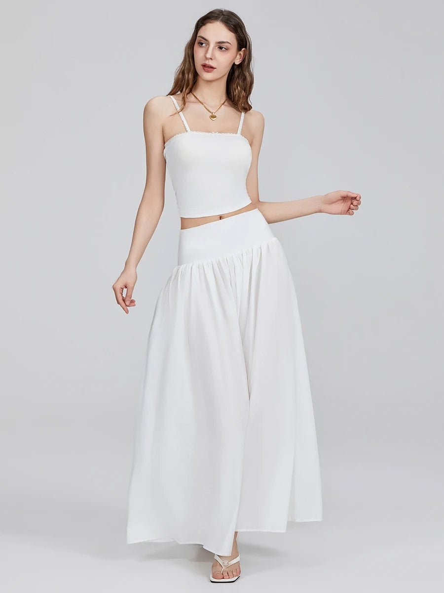 Women s Long Skirt Loose Fitting Elastic Waist Ruched Detail Solid Color Skirt for Spring Summer