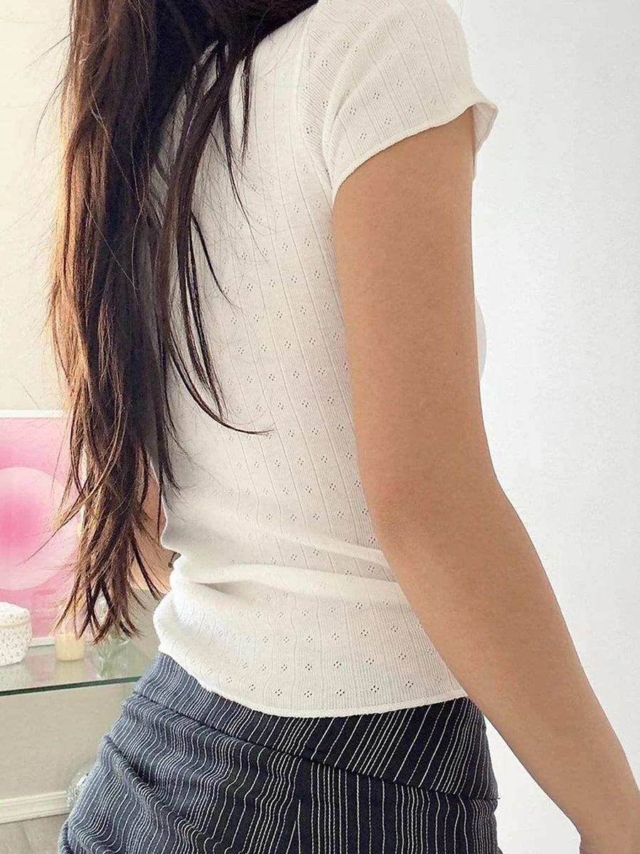 Women s Summer  Fit Tops White Short Sleeve Lace Trim Collar Pointelle T-shirts