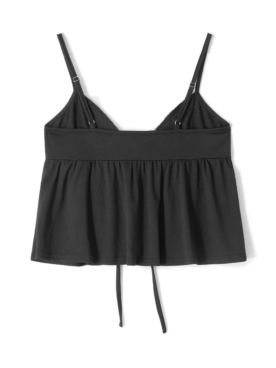 Women s Crop Cami Tops Sleeveless Tie-Up Front Lace Patchwork Loose Fit Camisole
