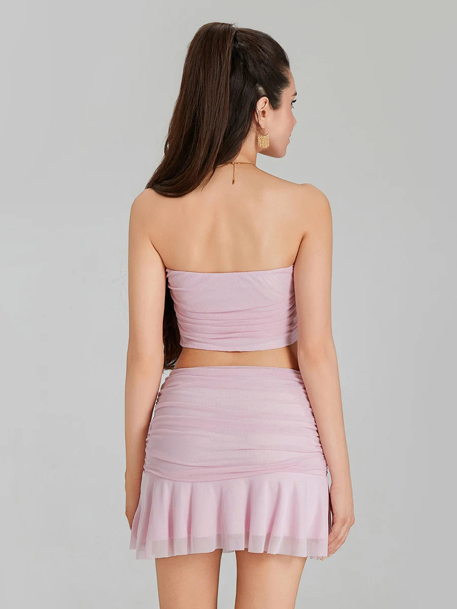 Women s 2 Piece Skirt Outfits Sleeveless Off Shoulder Mesh Bandeau Pink Mini Skirt Set
