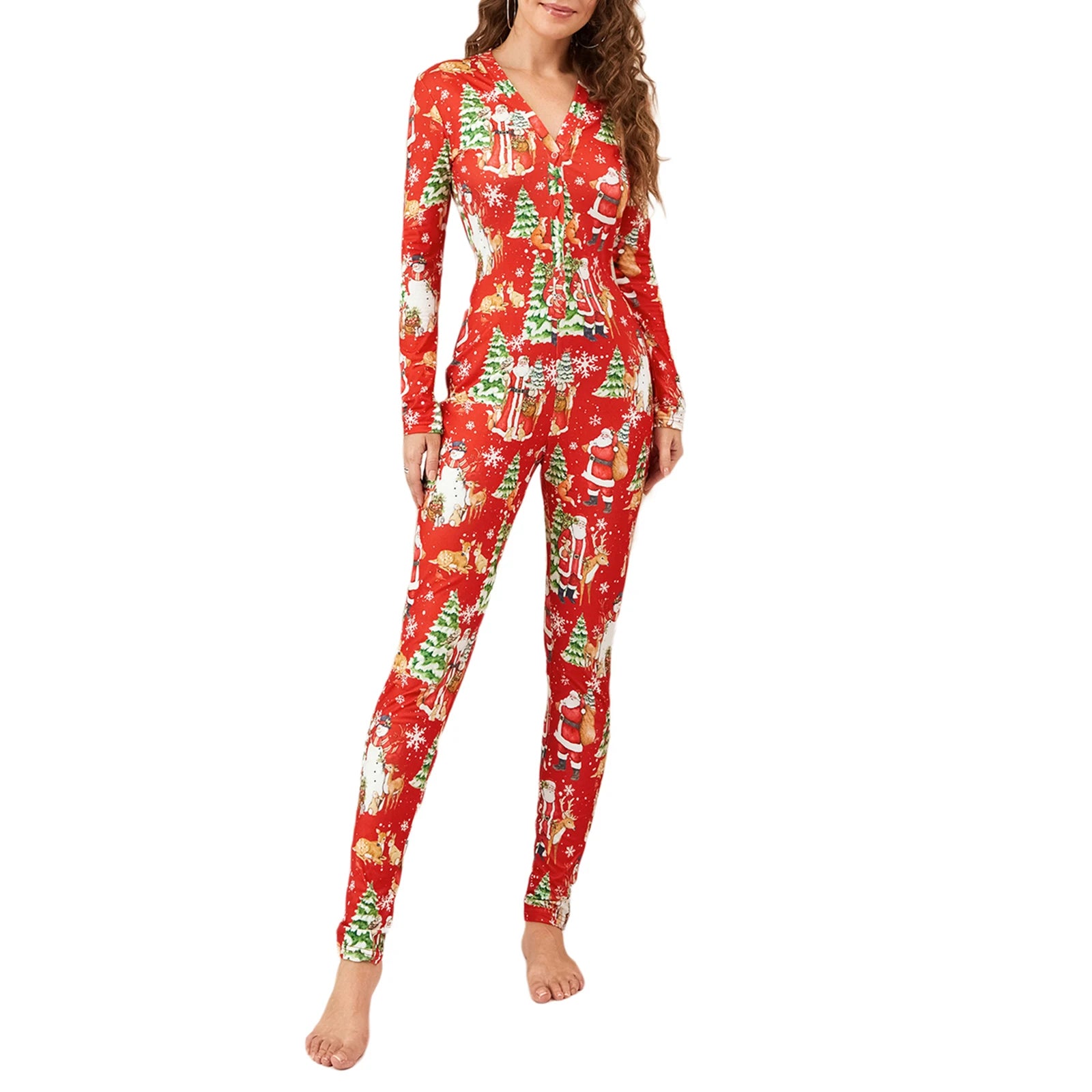 Women s Christmas Pajamas Romper Long Sleeve Button Down Jumpsuit Sleepwear Cartoon Print Nightwear