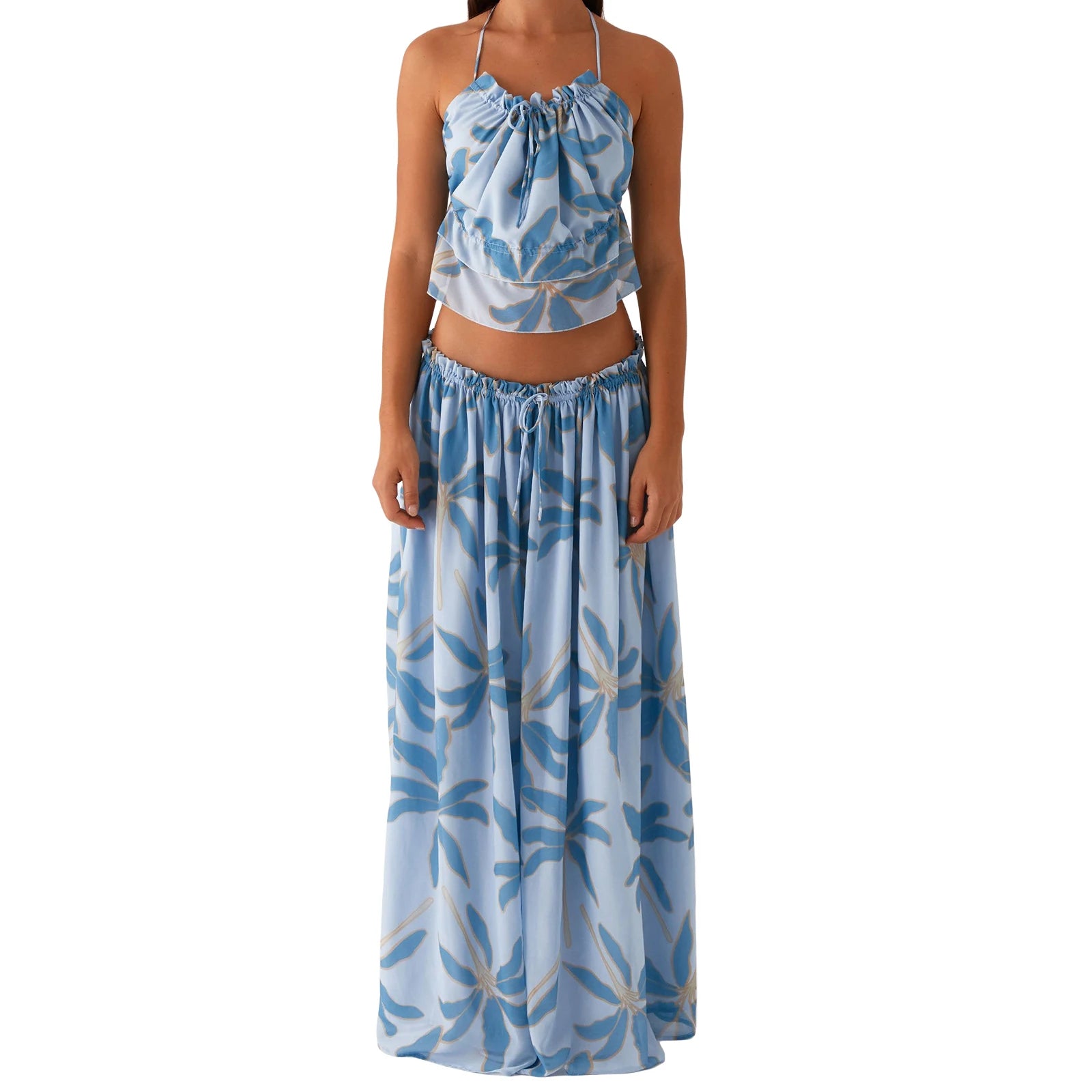 Women s Floral Print Crop Top and High Waisted Maxi Skirt Set for Summer Vacation Beachwear Outfit