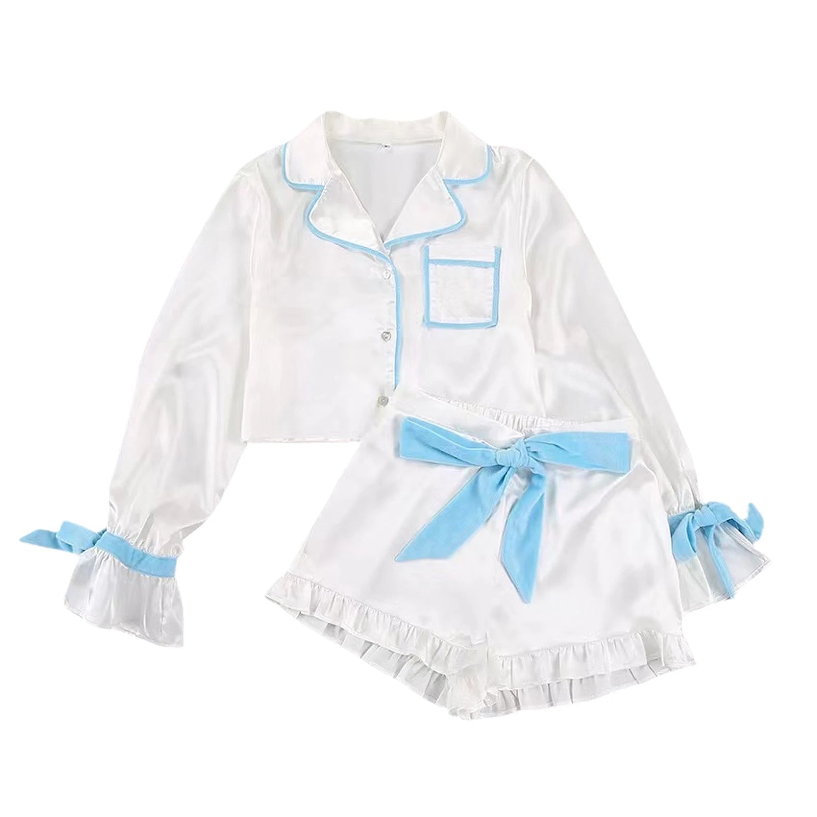 Women’s Satin Pajama Set Summer Long Sleeve Button Down Cropped Shirt Shorts Set Loungewear