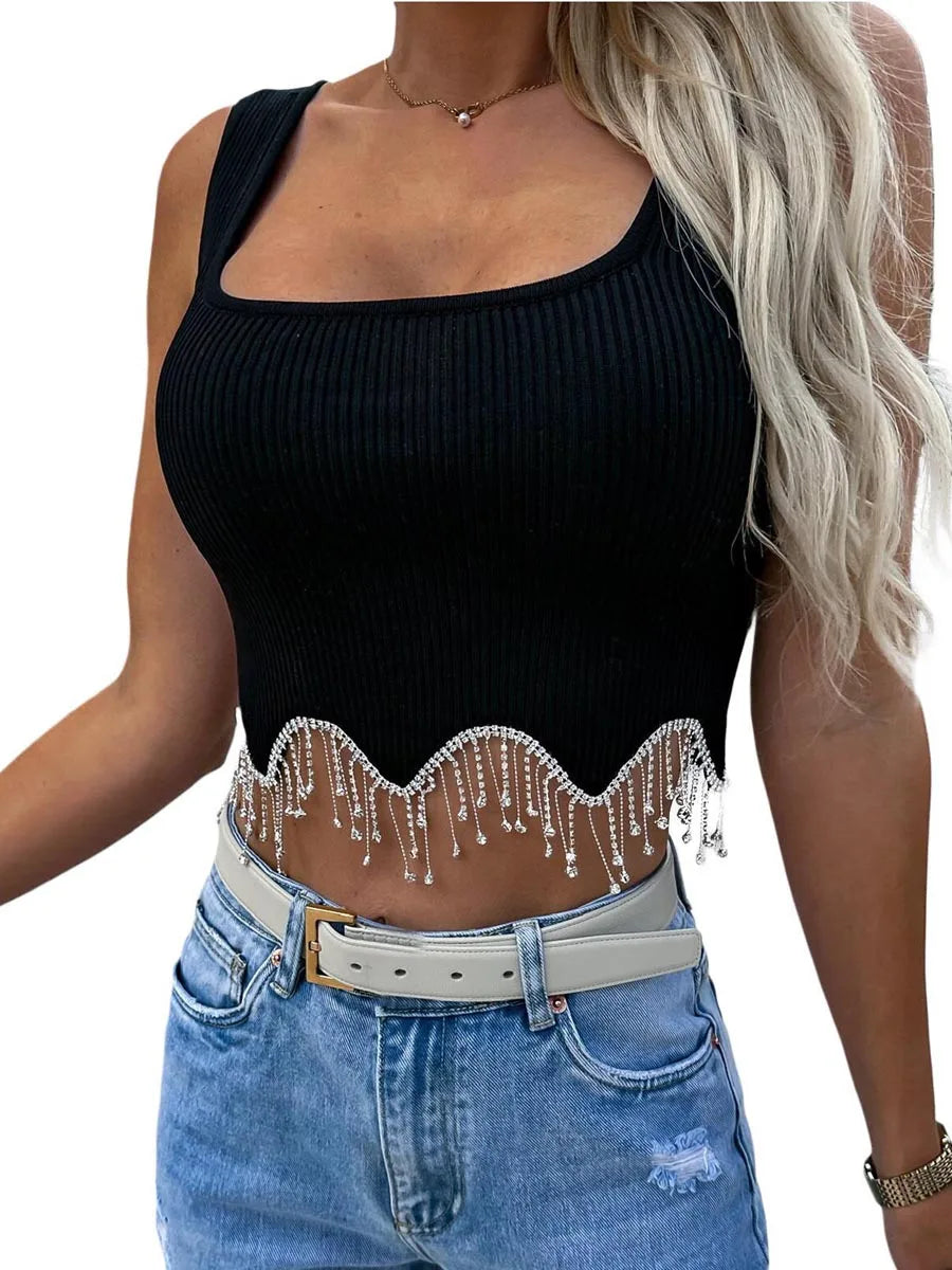 Women Camisole Sleeveless Square Neck Tasseled Rhinestones  Fit Summer Tops for Party Club
