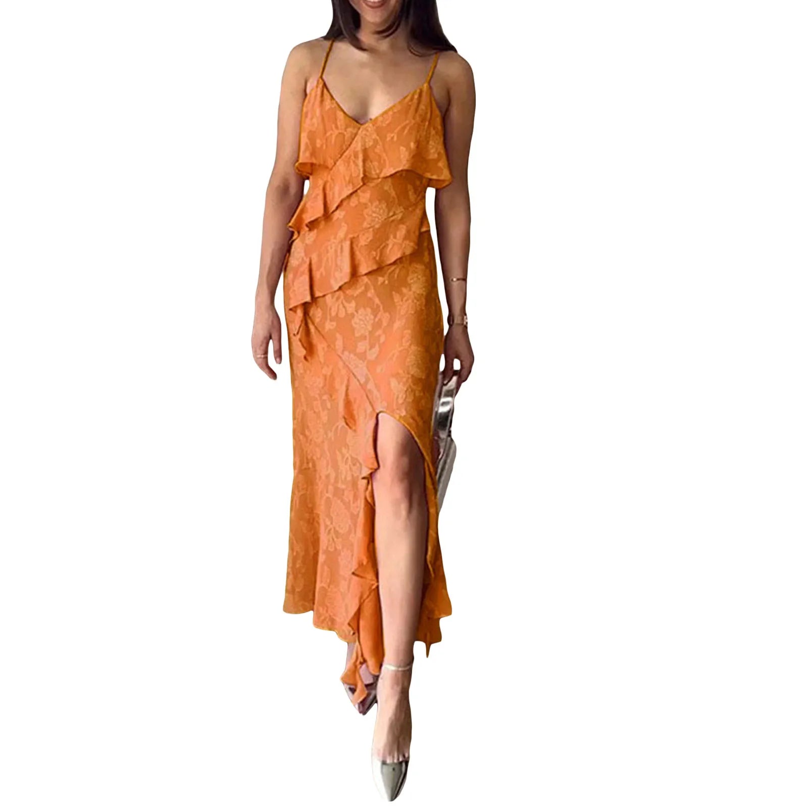 Women Summer Ruffled Dress Floral Jacquard V Neck Sleeveless Split Party Dress for Cocktail Beach Streetwear