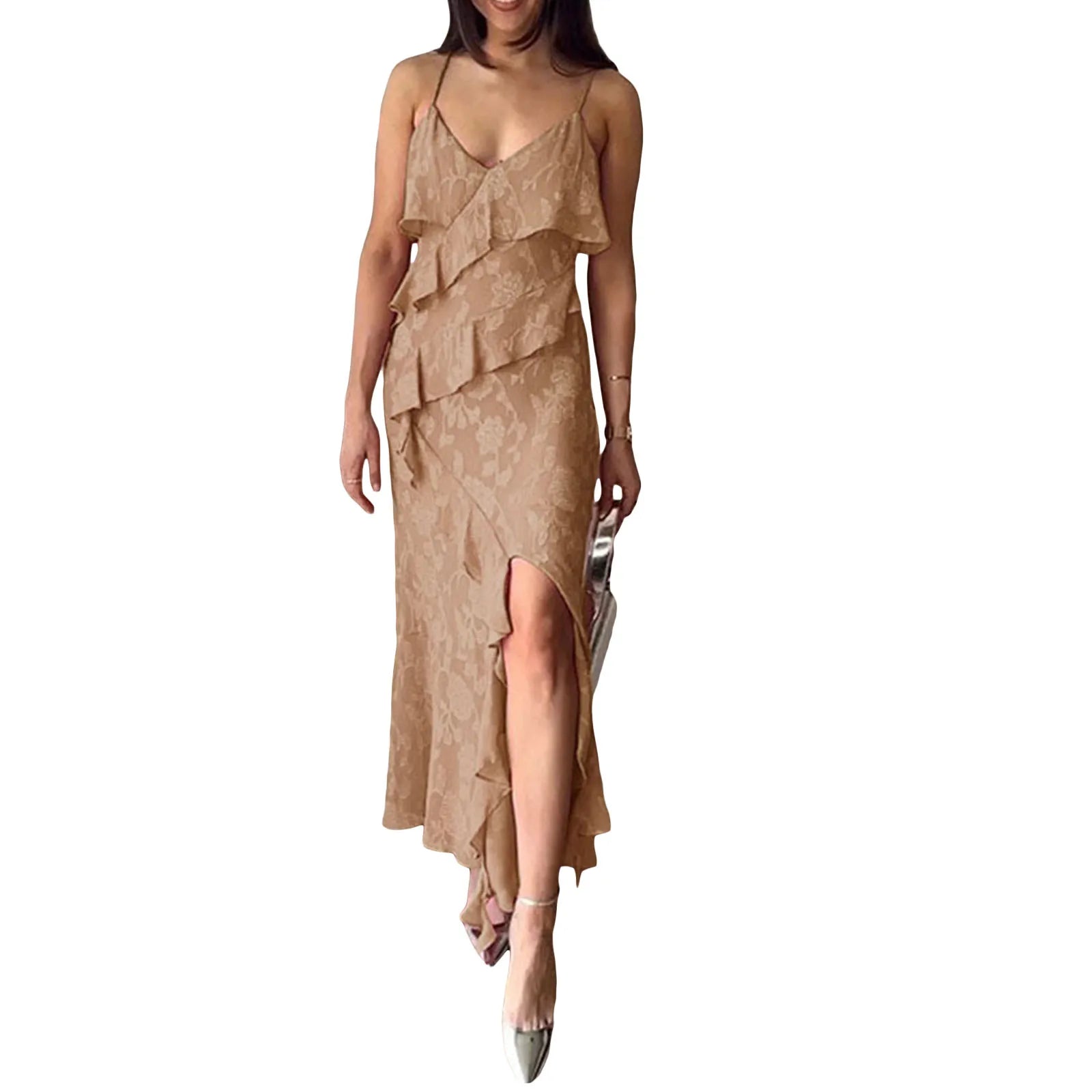 Women Summer Ruffled Dress Floral Jacquard V Neck Sleeveless Split Party Dress for Cocktail Beach Streetwear