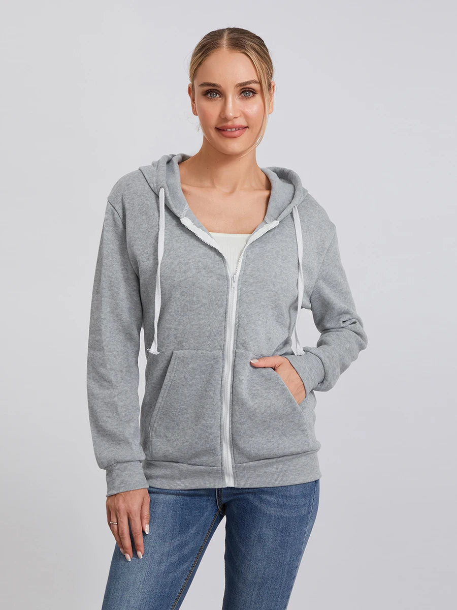 Women s Zip Up Hoodies Long Sleeve Solid Color Classic Fit Sweatshirts Jackets Streetwear Tops