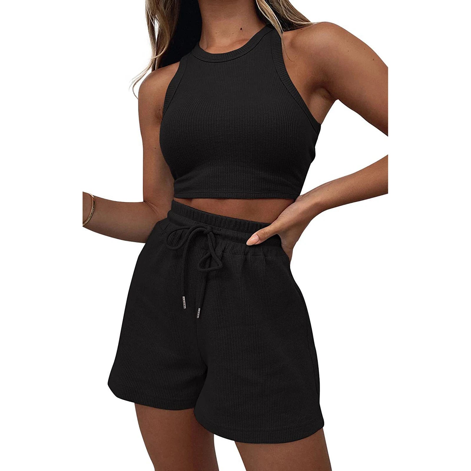 Women’s Two Piece Summer Outfits Sleeveless Waffle Tank Tops and Shorts Set Loungewear