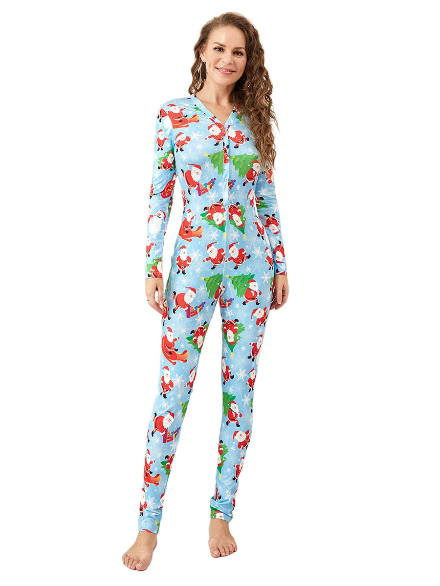 Women s Christmas Pajamas Romper Long Sleeve Button Down Jumpsuit Sleepwear Cartoon Print Nightwear