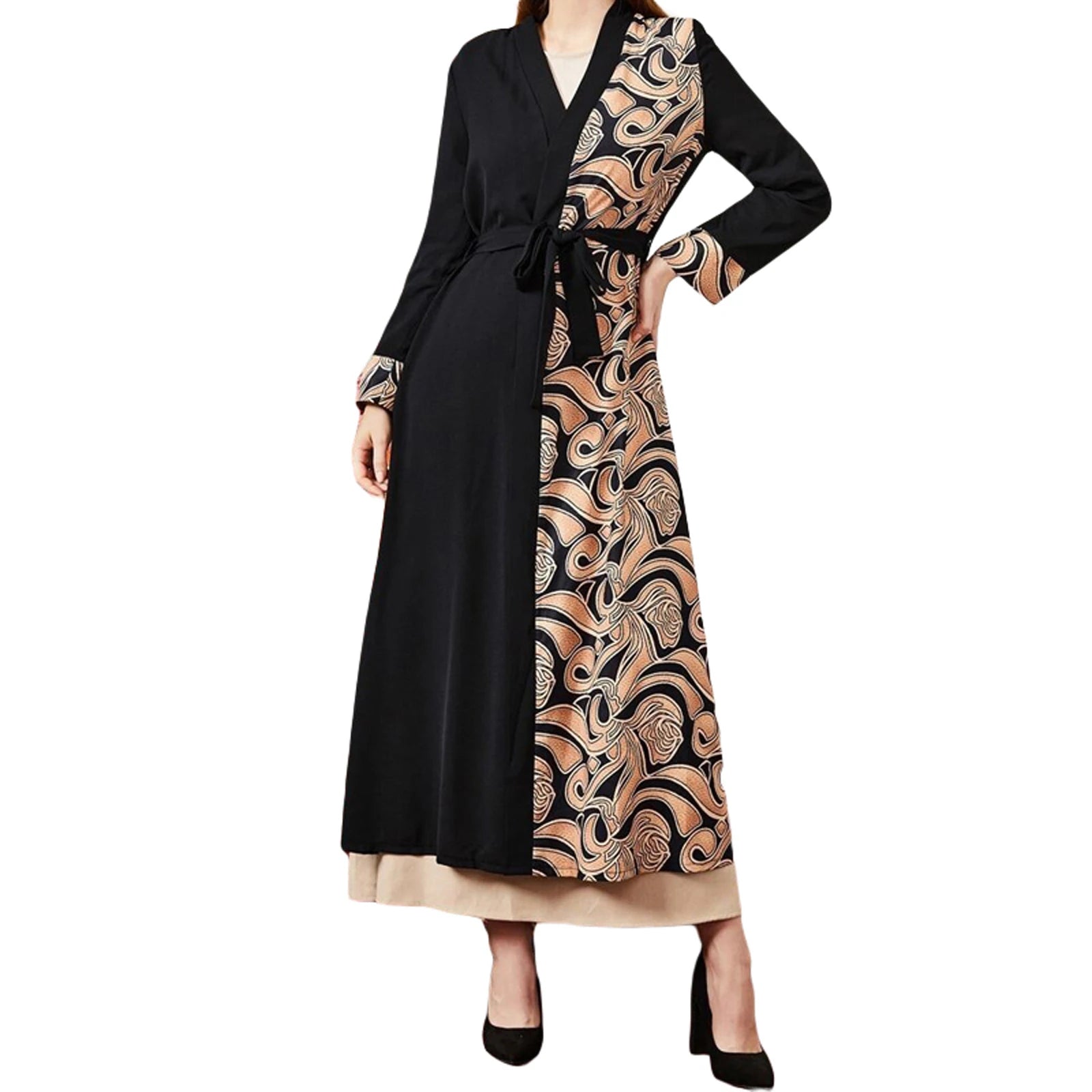 Elegant Floral Print Maxi Dress with Bell Sleeves and Waist Tie for Women Perfect for Any Occasion and Season