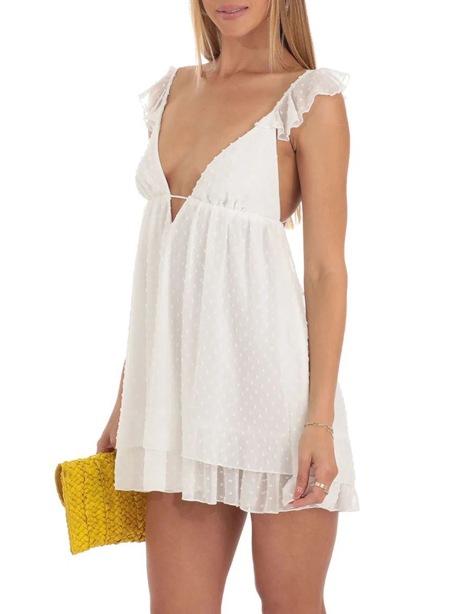 Women s Ruffled Chiffon Cami Dress Swiss Dot V-Neck Back Tie-up A-Line Mini Dress
