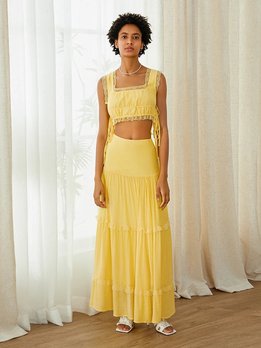 Women s Summer 2Pcs Outfits Lace Trim Sleeveless U-Neck Tank Tops with Long Skirt Set Party Clothes