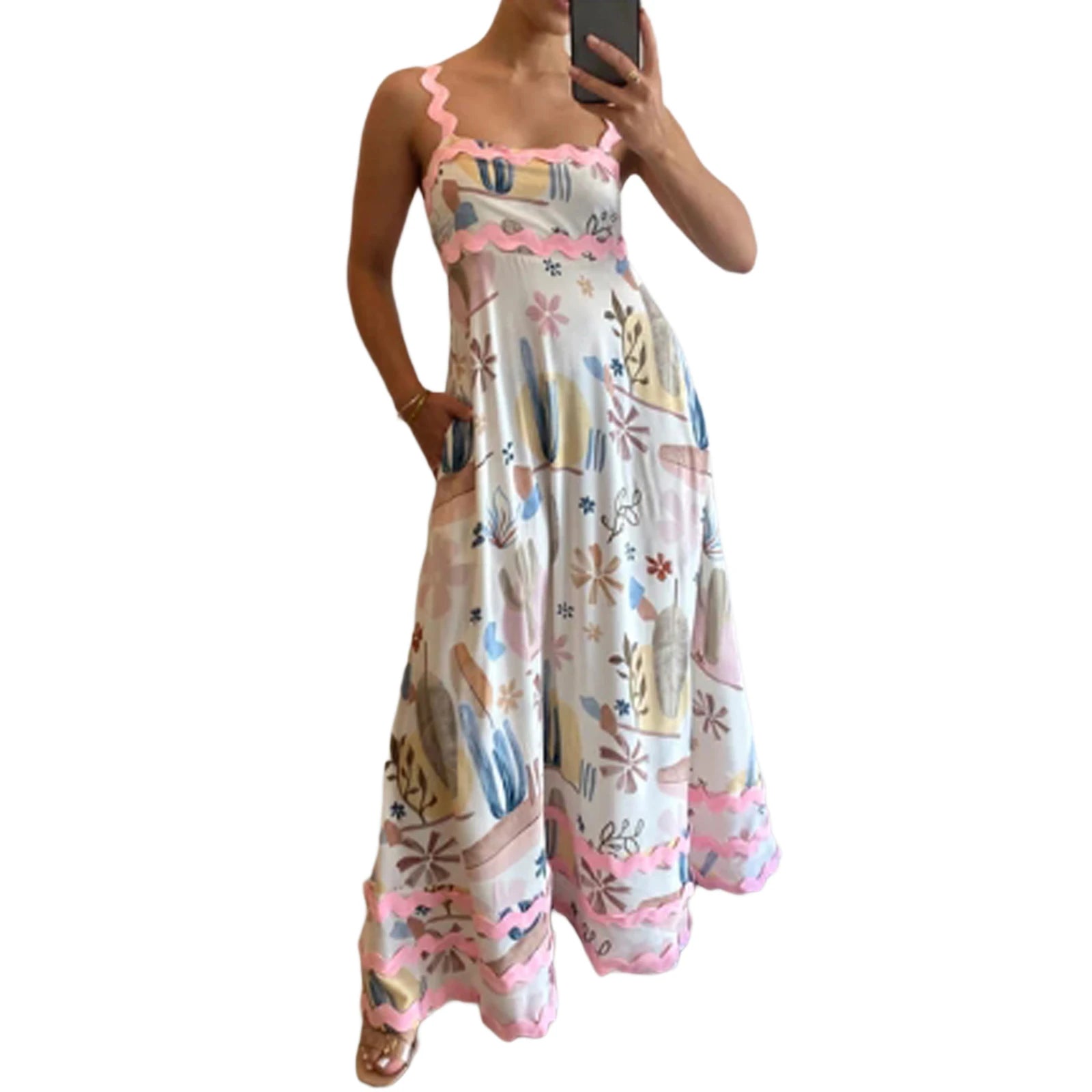 Women s Long Cami Dress Floral Leopard Print Sleeveless Square Neck Backless A-Line Ric Rac Dress