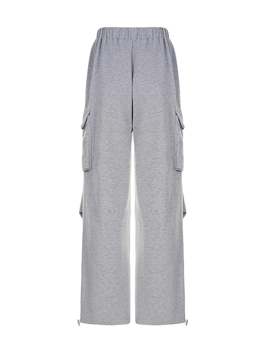 Women s Baggy Cargo Pants High Waist Solid Color Parachute Pants Ruched Sweatpants with Flap Pockets
