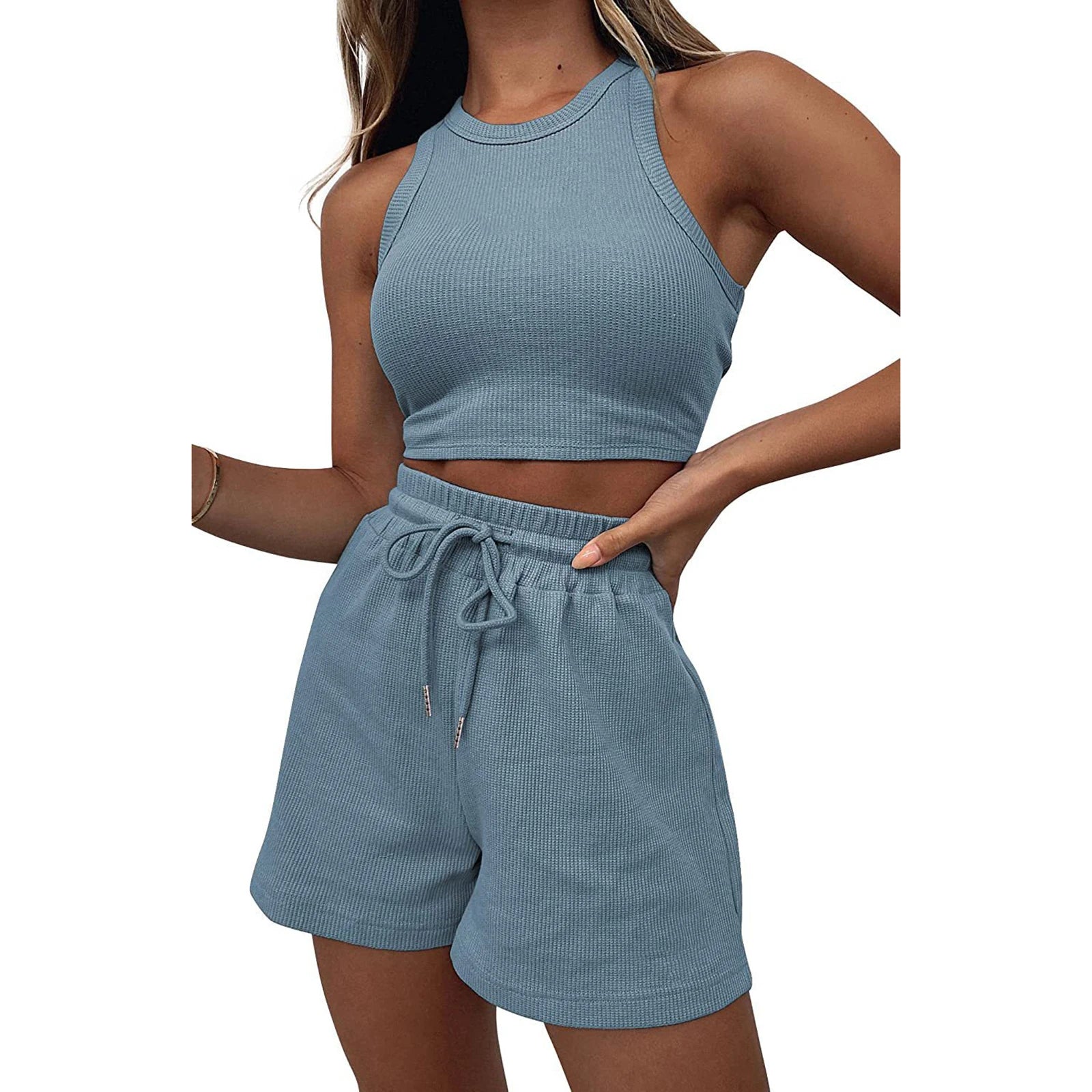 Women’s Two Piece Summer Outfits Sleeveless Waffle Tank Tops and Shorts Set Loungewear