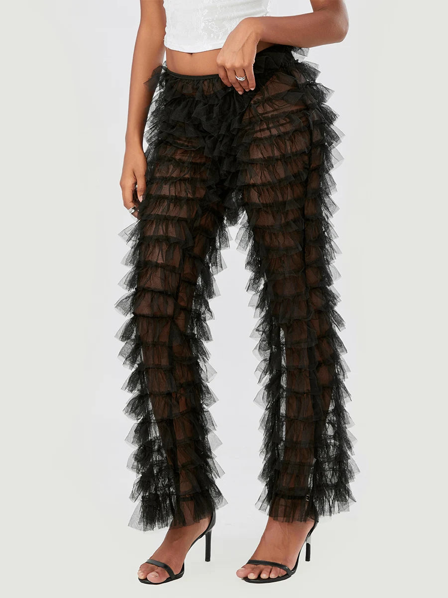 Women s Summer Casual Wide Leg Pants Black Tiered Sheer Flared Pants Fashion Bell-bottom Pants