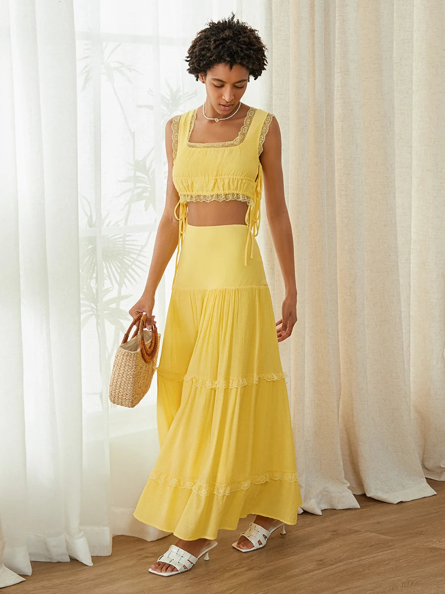 Women s Summer 2Pcs Outfits Lace Trim Sleeveless U-Neck Tank Tops with Long Skirt Set Party Clothes
