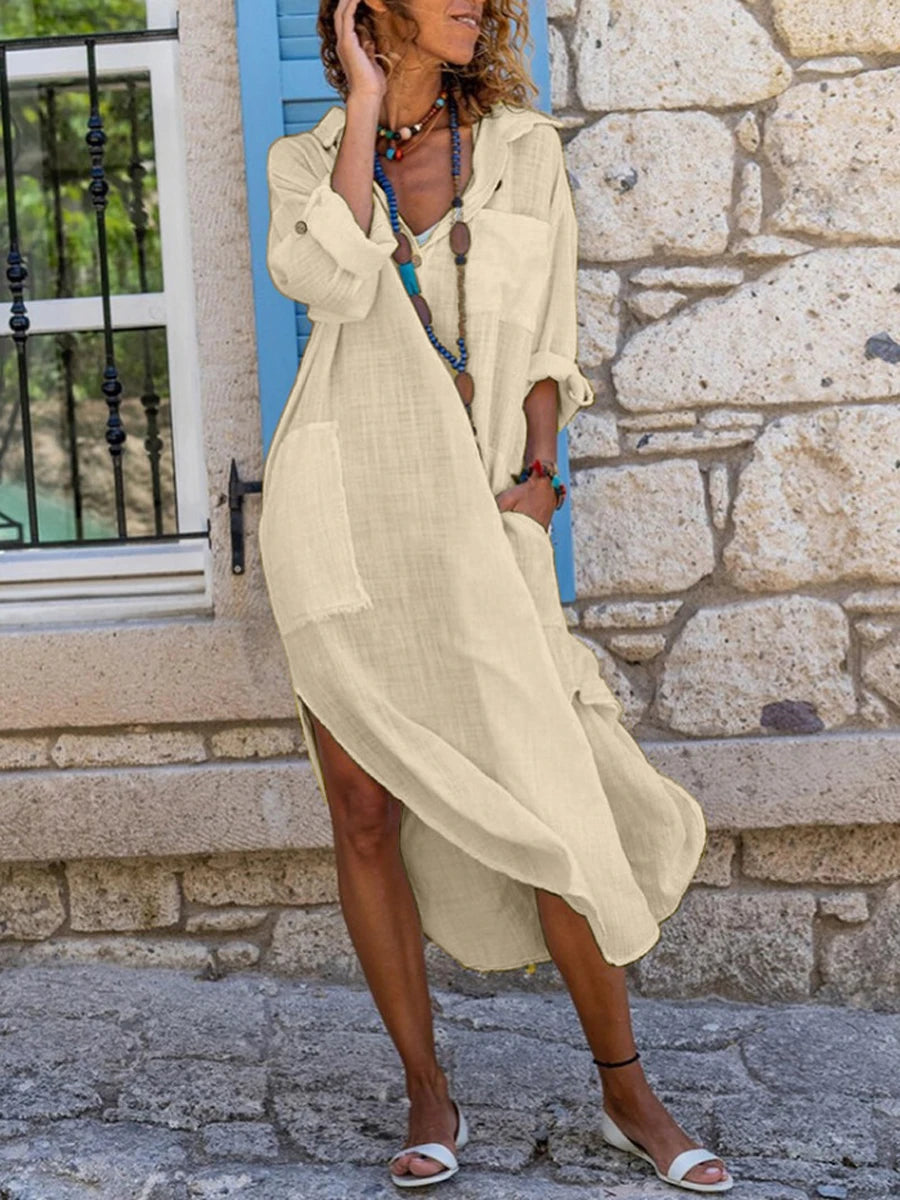 Women s Bathing Suit Cover-Up Solid Color Long Sleeve Lapel Side Slit Mid-Length Shirt Dress Beachwear