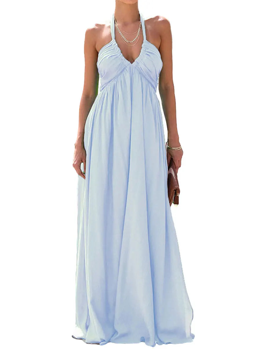 Women Summer Casual Long Dress Solid Color Tie-Up Halter Neck Sleeveless Dress Beach Holiday Backless Dress