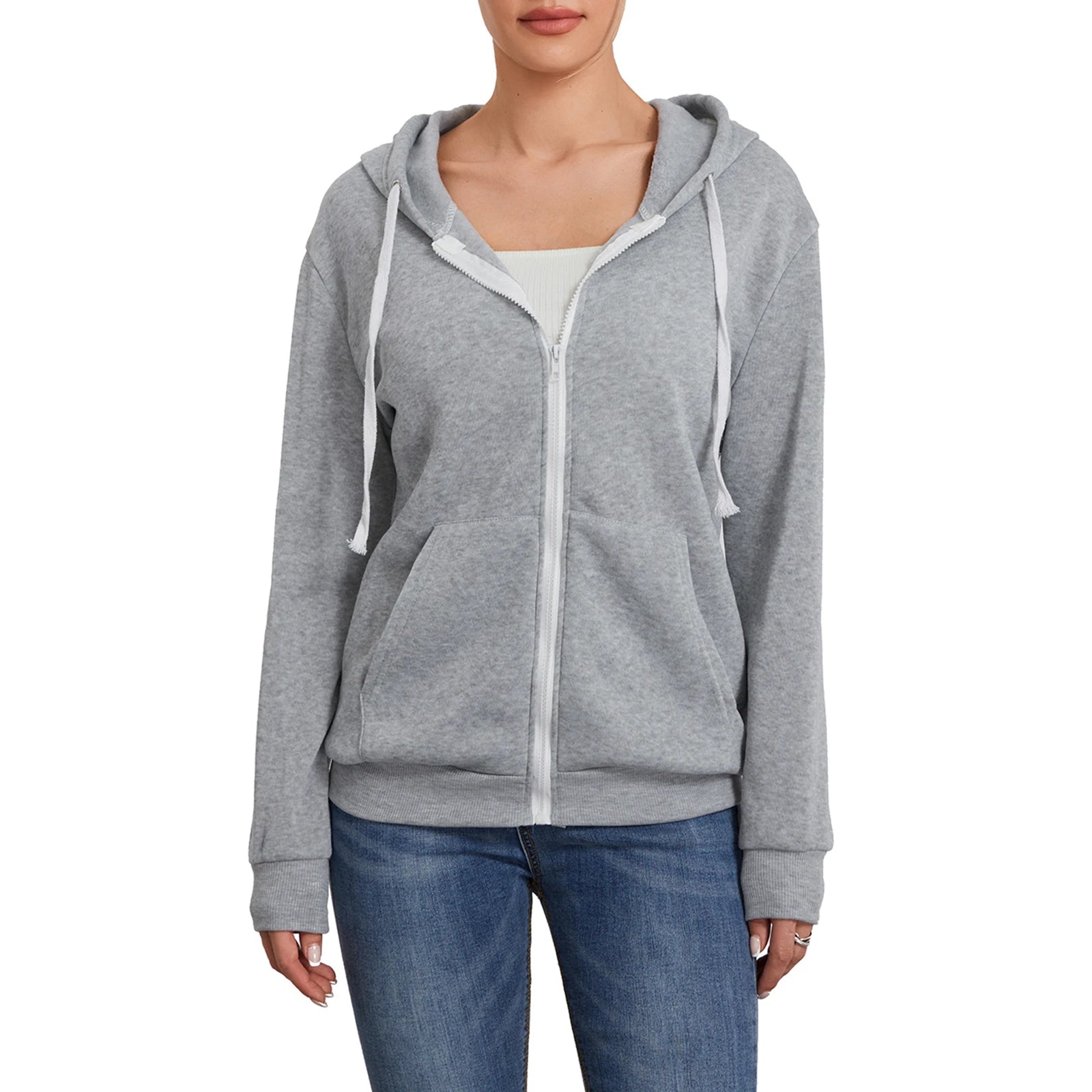 Women s Zip Up Hoodies Long Sleeve Solid Color Classic Fit Sweatshirts Jackets Streetwear Tops