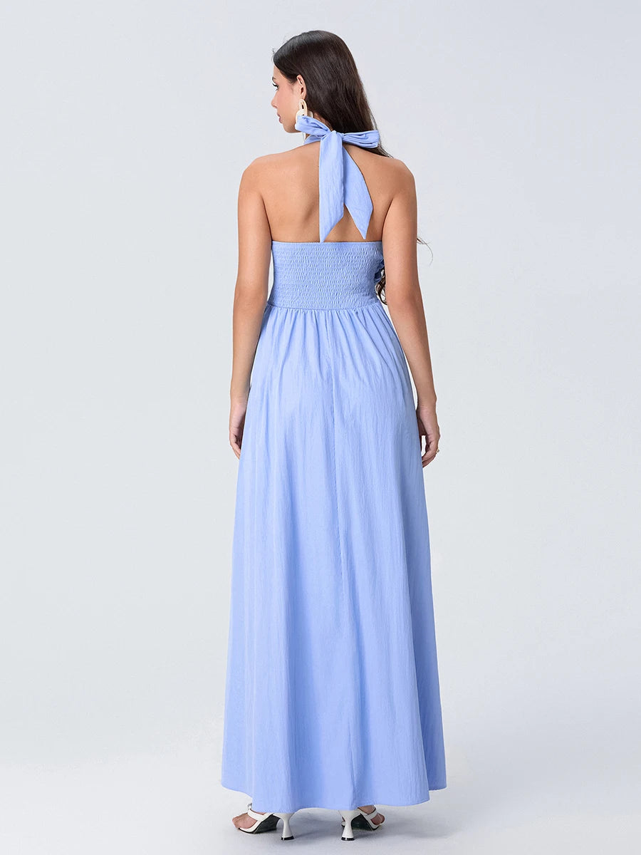 Women Summer Casual Long Dress Solid Color Tie-Up Halter Neck Sleeveless Dress Beach Holiday Backless Dress