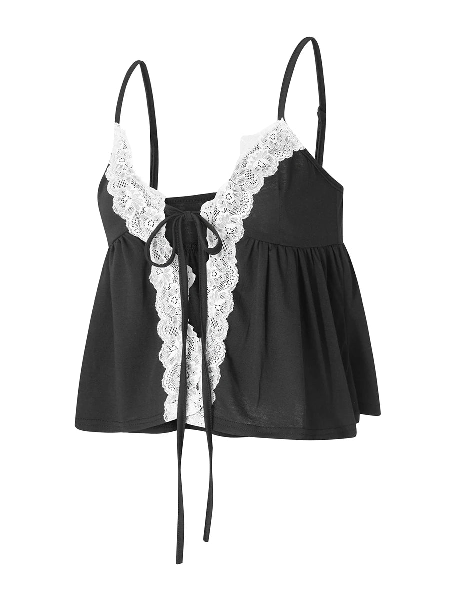 Women s Crop Cami Tops Sleeveless Tie-Up Front Lace Patchwork Loose Fit Camisole