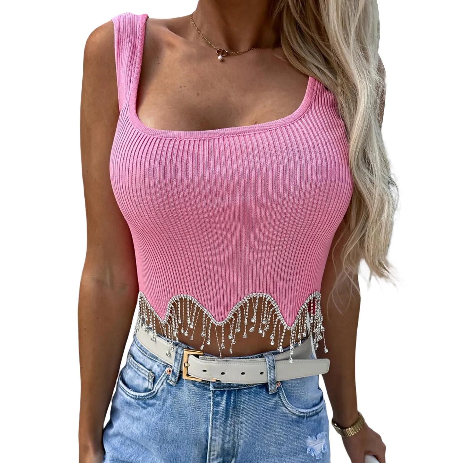 Women Camisole Sleeveless Square Neck Tasseled Rhinestones  Fit Summer Tops for Party Club
