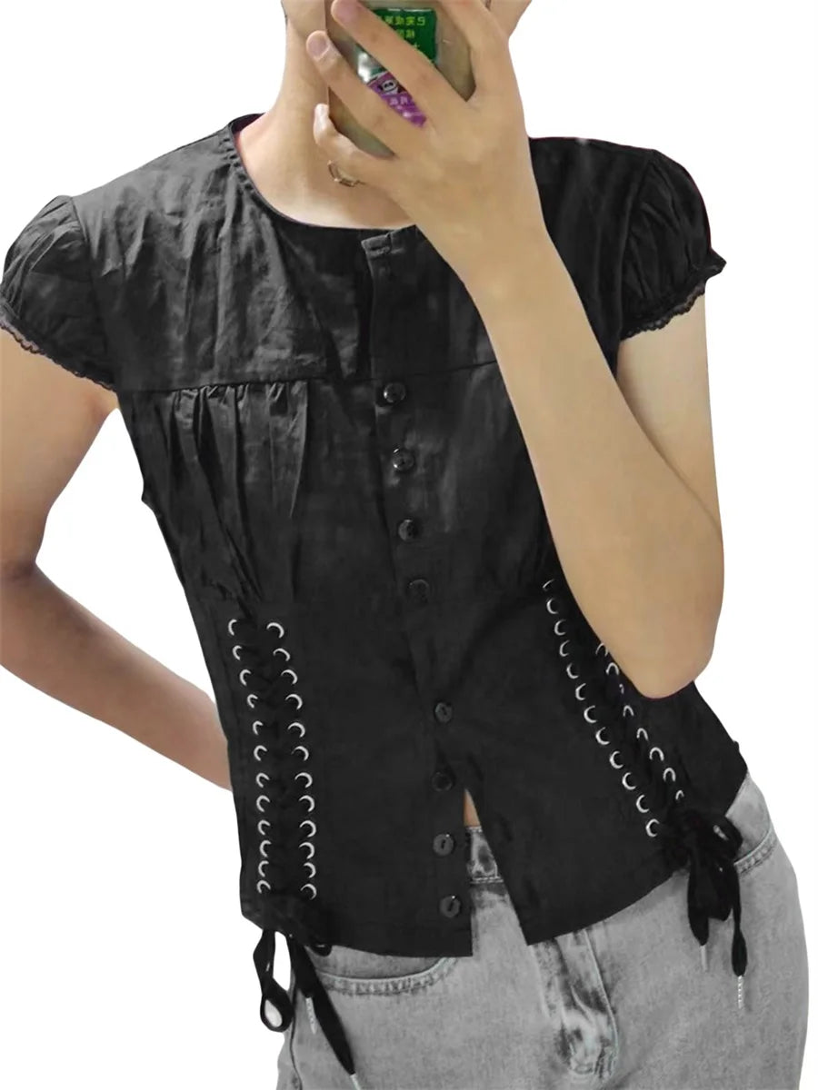 Women Lace Tops 1 4 Sleeve Round Neck Ruffle Buttons Party Casual Spring Summer Black Shirt