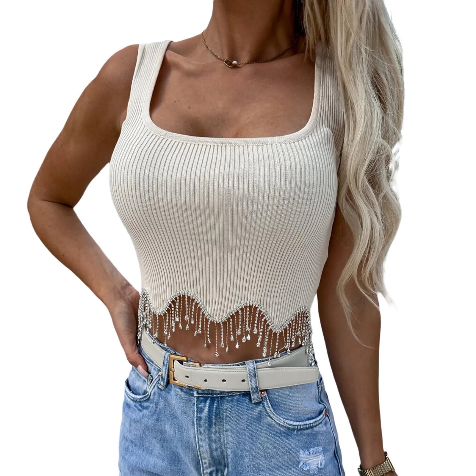 Women Camisole Sleeveless Square Neck Tasseled Rhinestones  Fit Summer Tops for Party Club