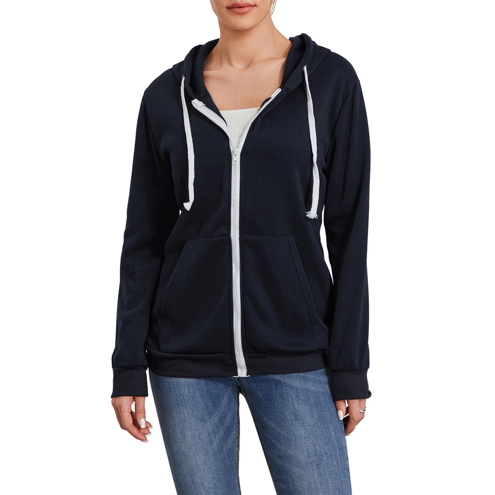 Women s Zip Up Hoodies Long Sleeve Solid Color Classic Fit Sweatshirts Jackets Streetwear Tops