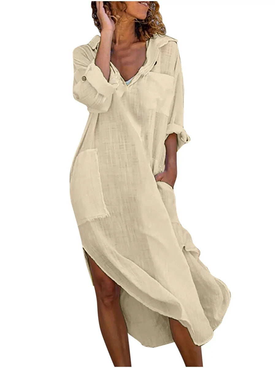 Women s Bathing Suit Cover-Up Solid Color Long Sleeve Lapel Side Slit Mid-Length Shirt Dress Beachwear