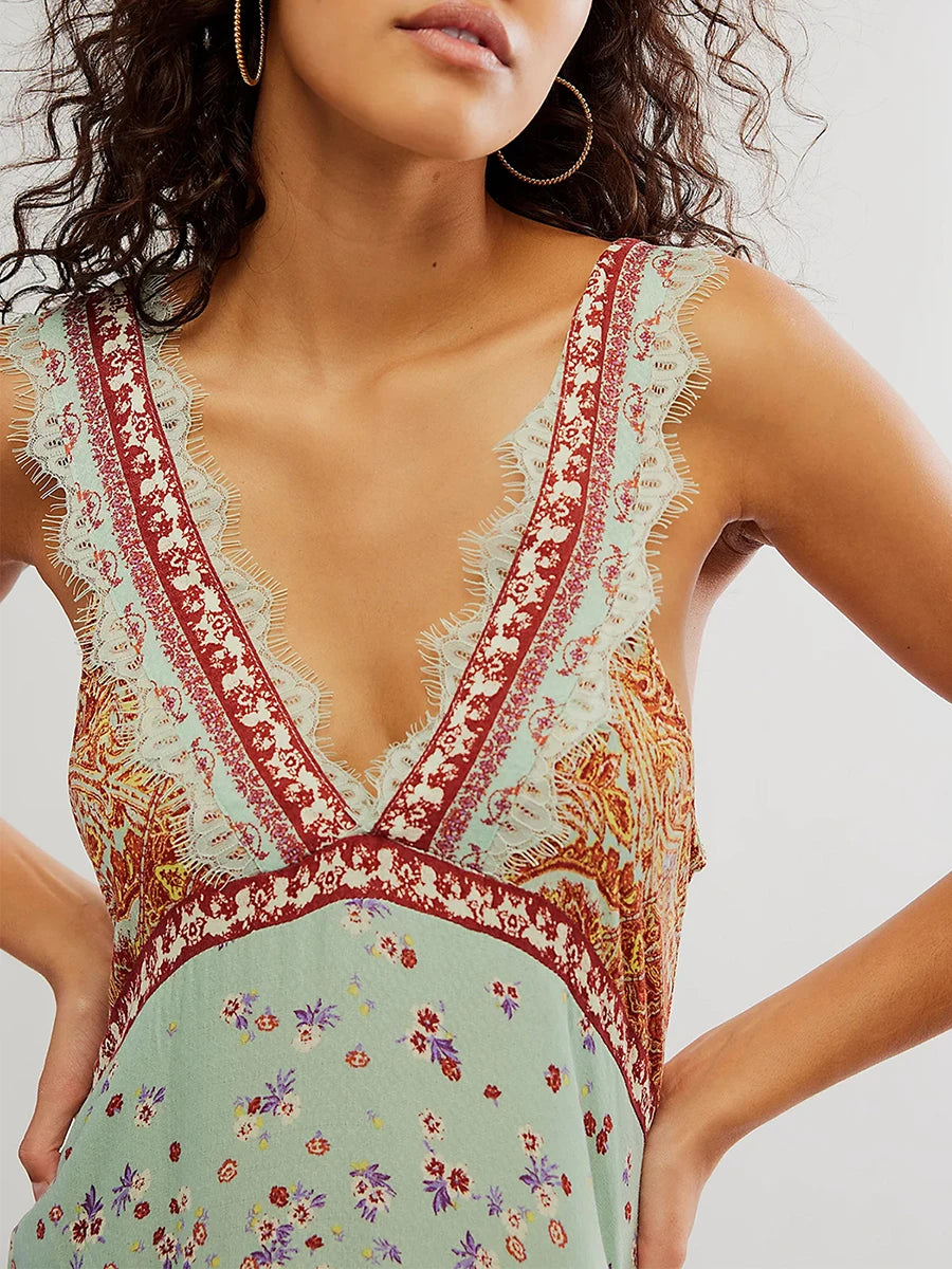 Women’s Sleeveless Lace Trim Dress Eyelash Deep V-Neck Floral Print Backless  Mini Dress