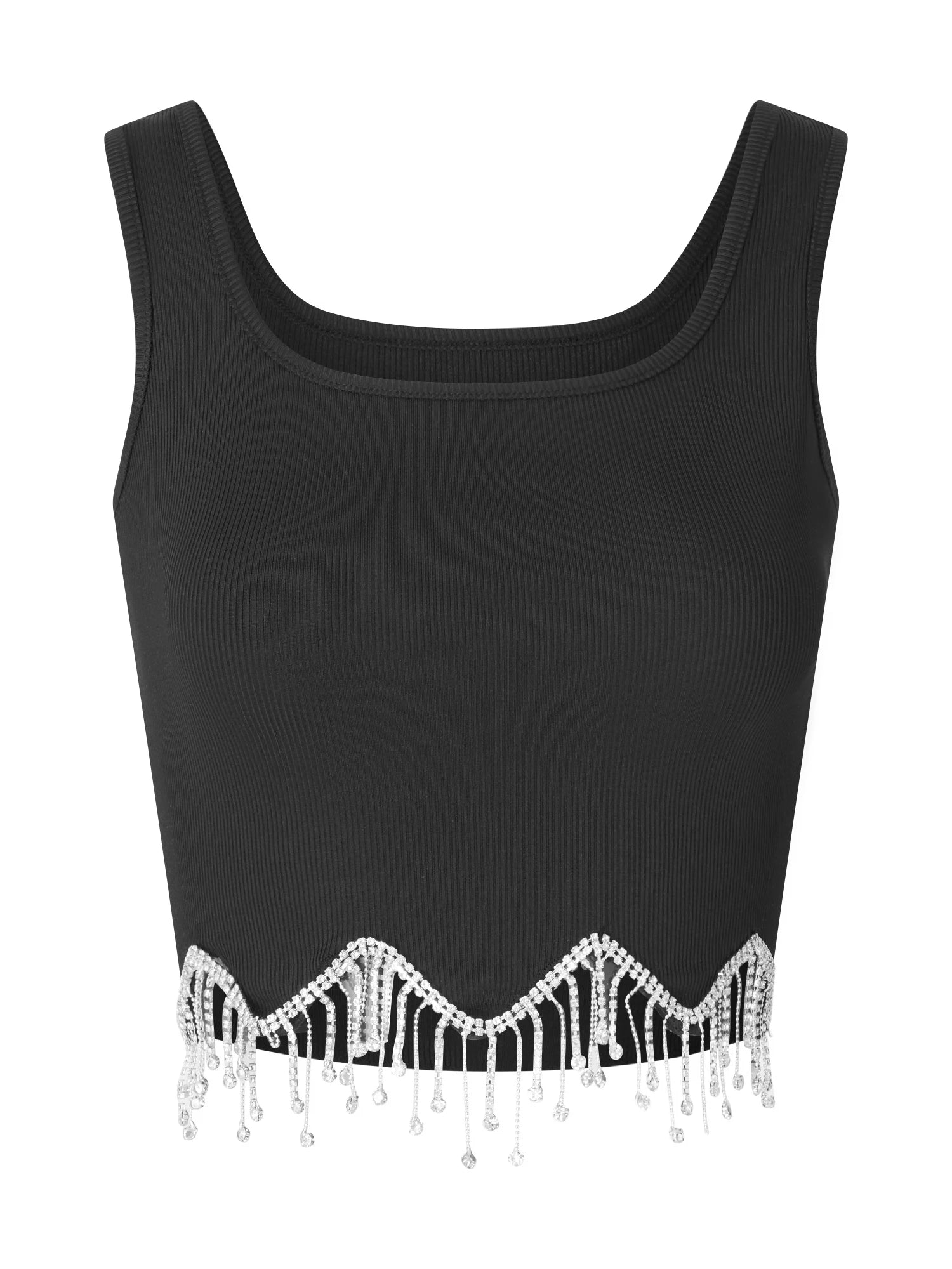 Women Camisole Sleeveless Square Neck Tasseled Rhinestones  Fit Summer Tops for Party Club