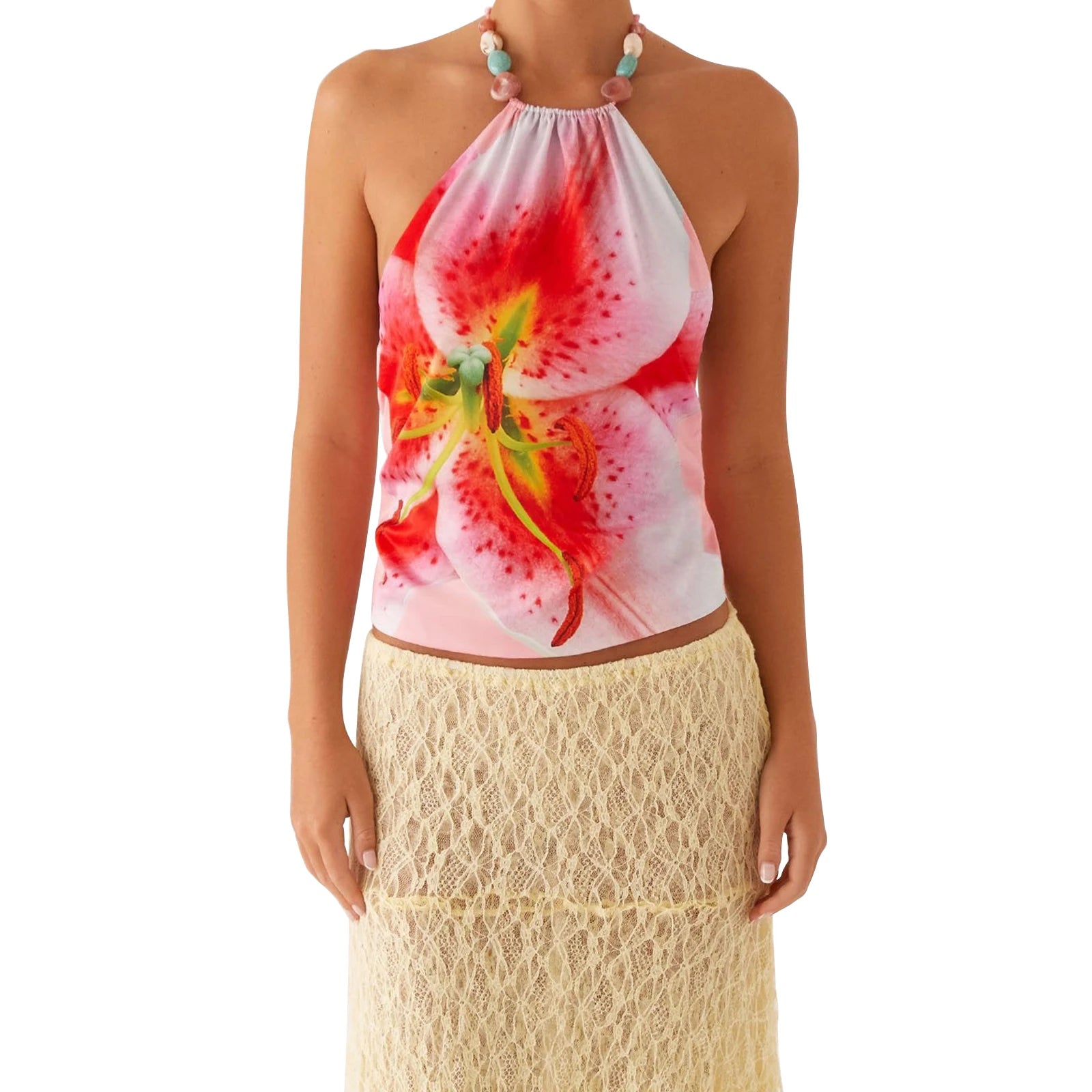 Floral Print Halter Neck Crop Top with Tie-up Detail and Open Back Sleeveless Summer Streetwear for Women
