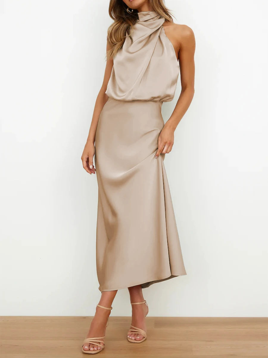 Women Long Satin Dress Elegant Sleeveless Turtleneck Solid Summer Dress for Cocktail Party