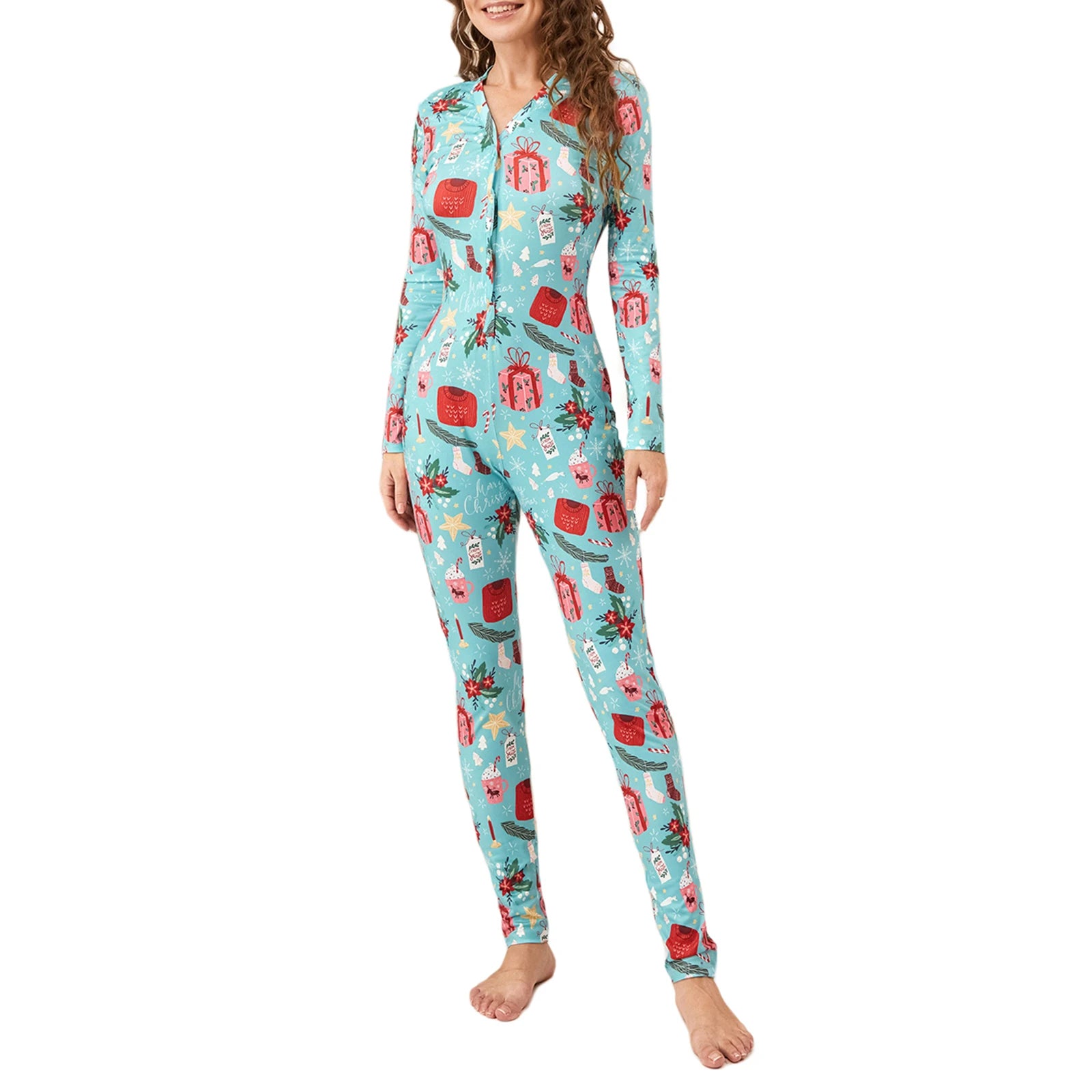 Women s Christmas Pajamas Romper Long Sleeve Button Down Jumpsuit Sleepwear Cartoon Print Nightwear
