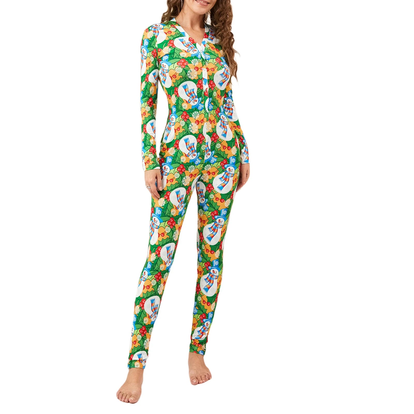 Women s Christmas Pajamas Romper Long Sleeve Button Down Jumpsuit Sleepwear Cartoon Print Nightwear