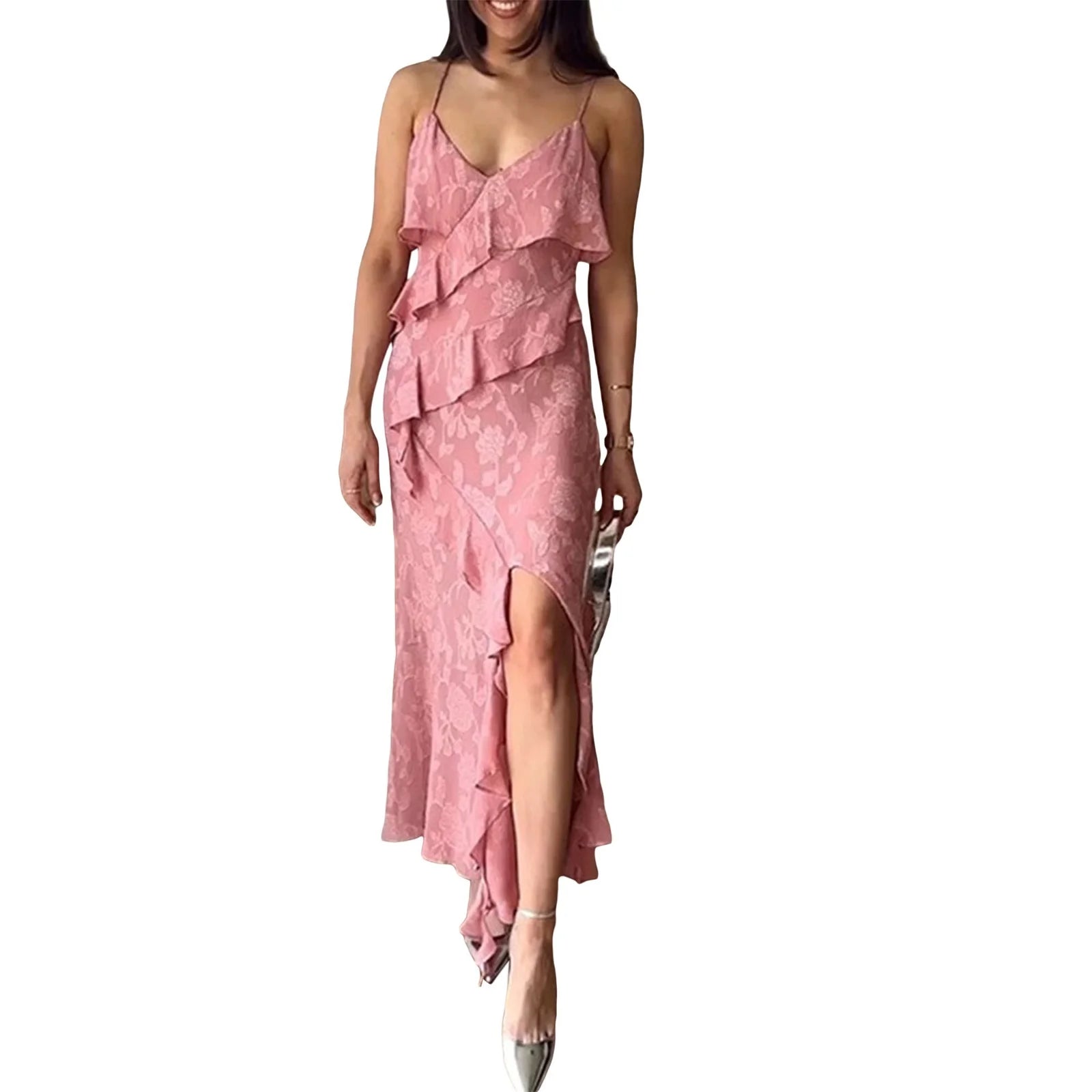 Women Summer Ruffled Dress Floral Jacquard V Neck Sleeveless Split Party Dress for Cocktail Beach Streetwear