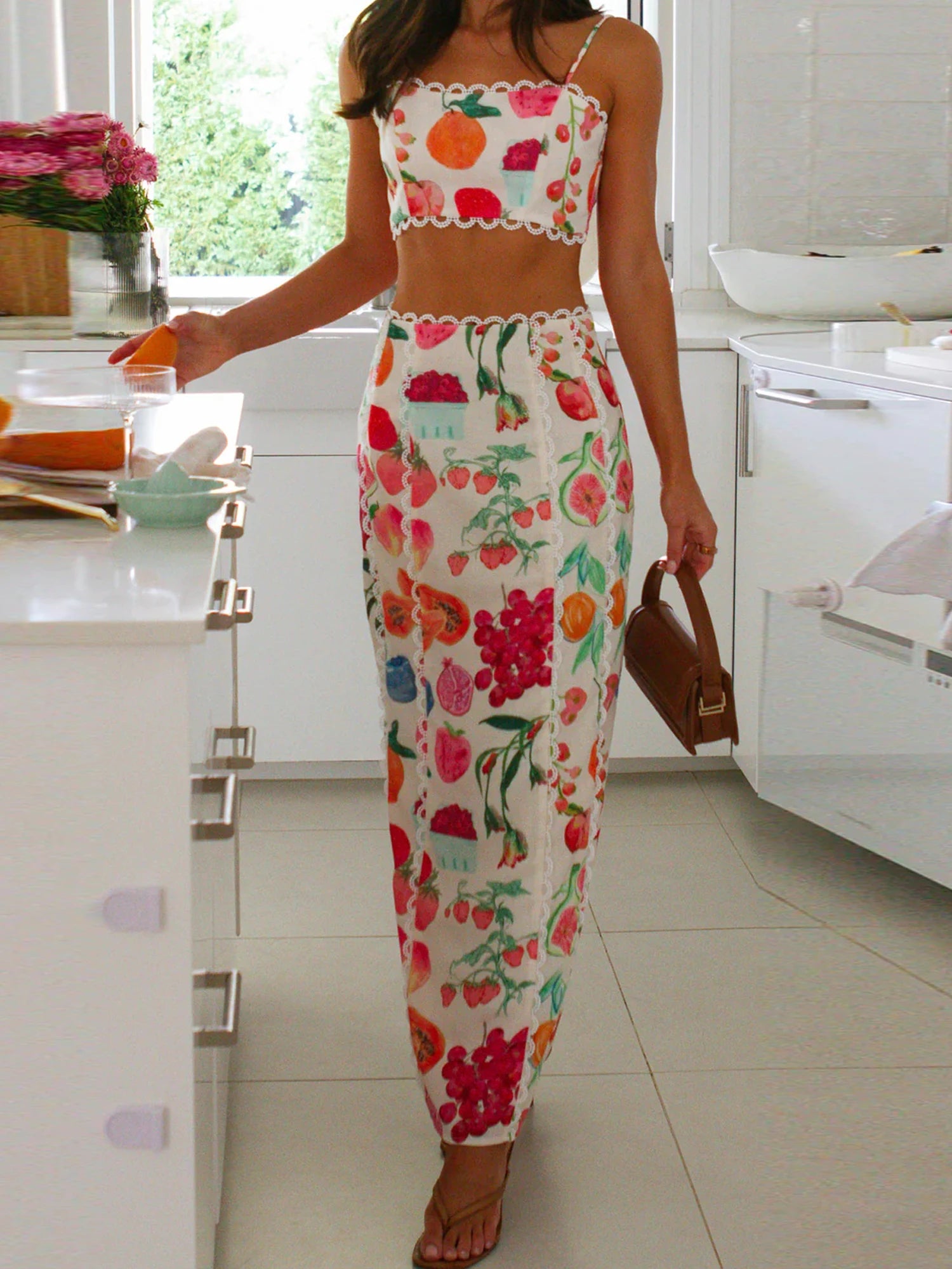 Women s Matching Set Crop Top and Skirt Outfit with Tropical Fruit Print Adjustable Spaghetti Straps and High Waist Design